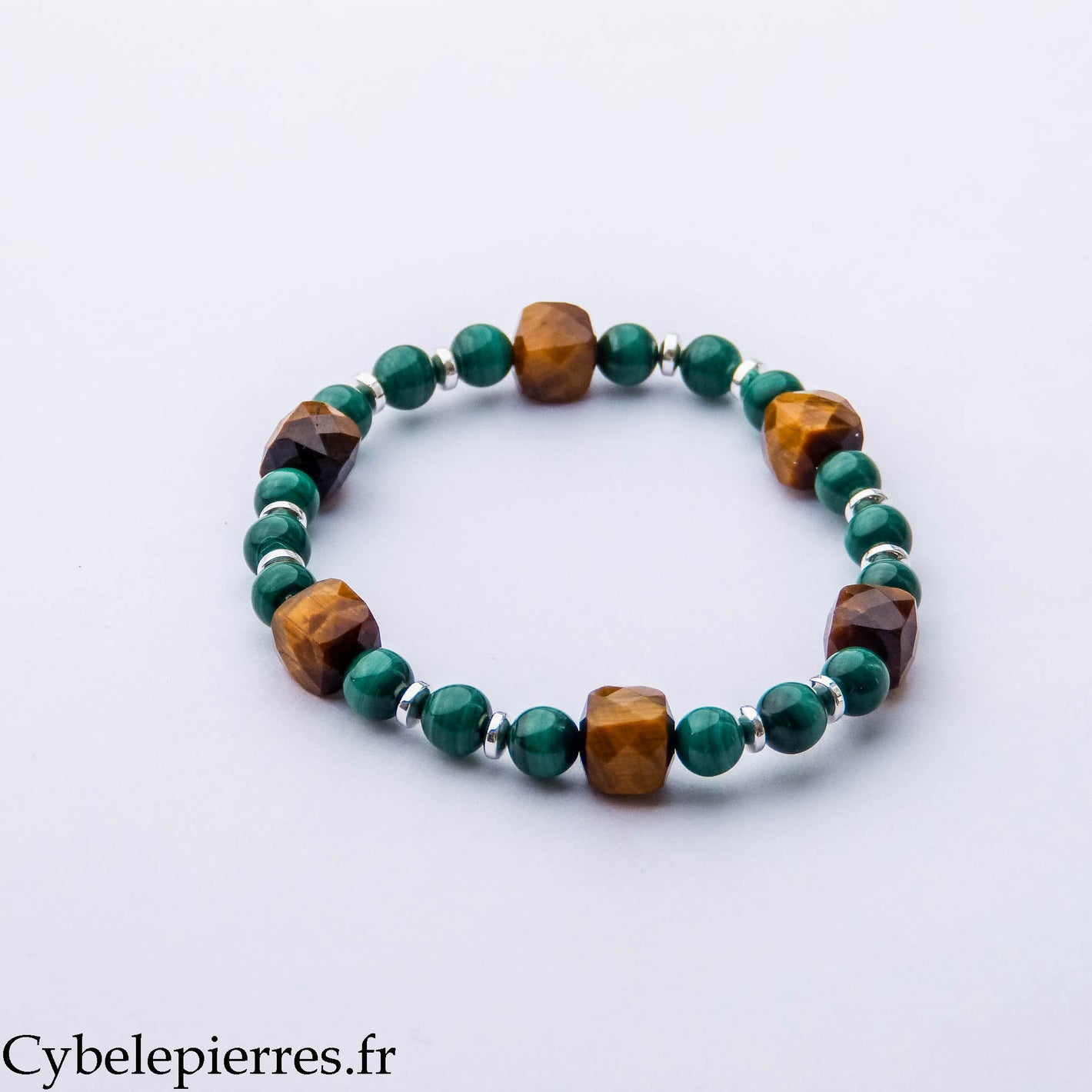 Bracelet Conscience du Cœur – Œil de Tigre Carré Facetté & Malachite (6 et 10 mm) – 19 cm | Ancrage, Clarté et Ouverture