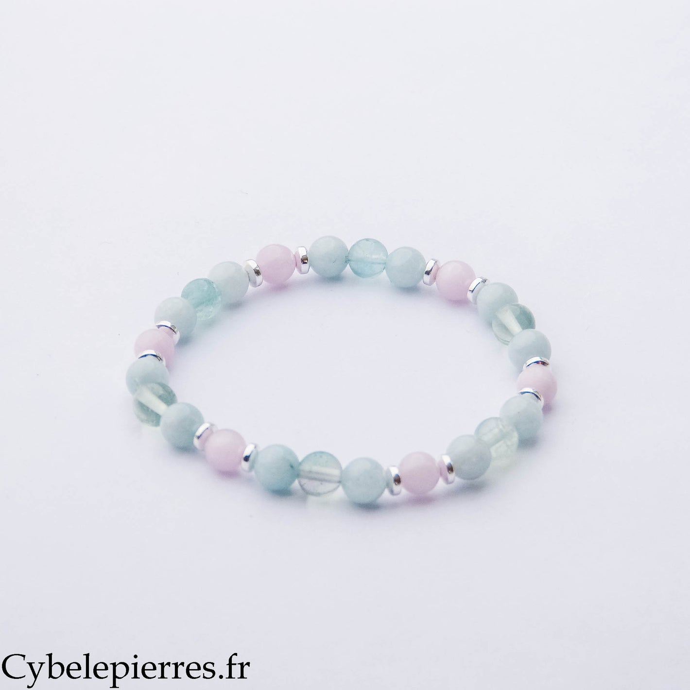 Bracelet Onde Apaisante – Kunzite, Aigue-Marine et Fluorite (6 mm) – 18 cm | Sérénité, Intuition et Douceur