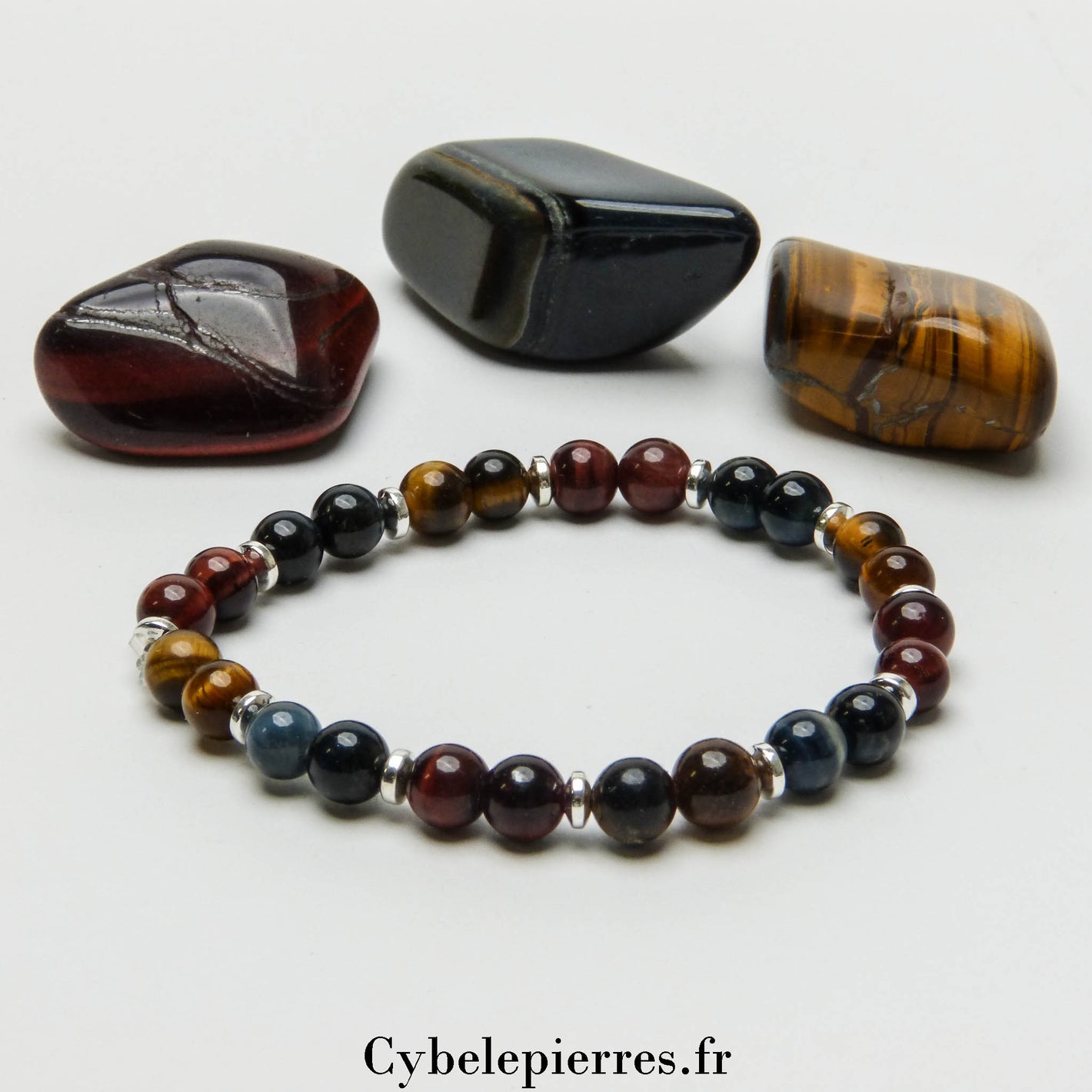 Bracelet Triple Protection – Œil de Faucon, Œil de Tigre, Œil de Taureau (6 mm) – 17 cm | Force et Stabilité