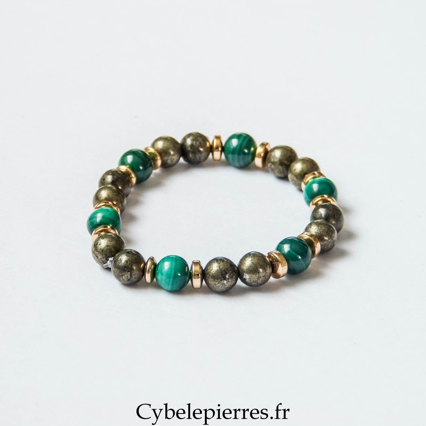 Bracelet Richesse Intérieure – Malachite et Pyrite (8 mm) – 17 cm | Confiance, Protection et Énergie