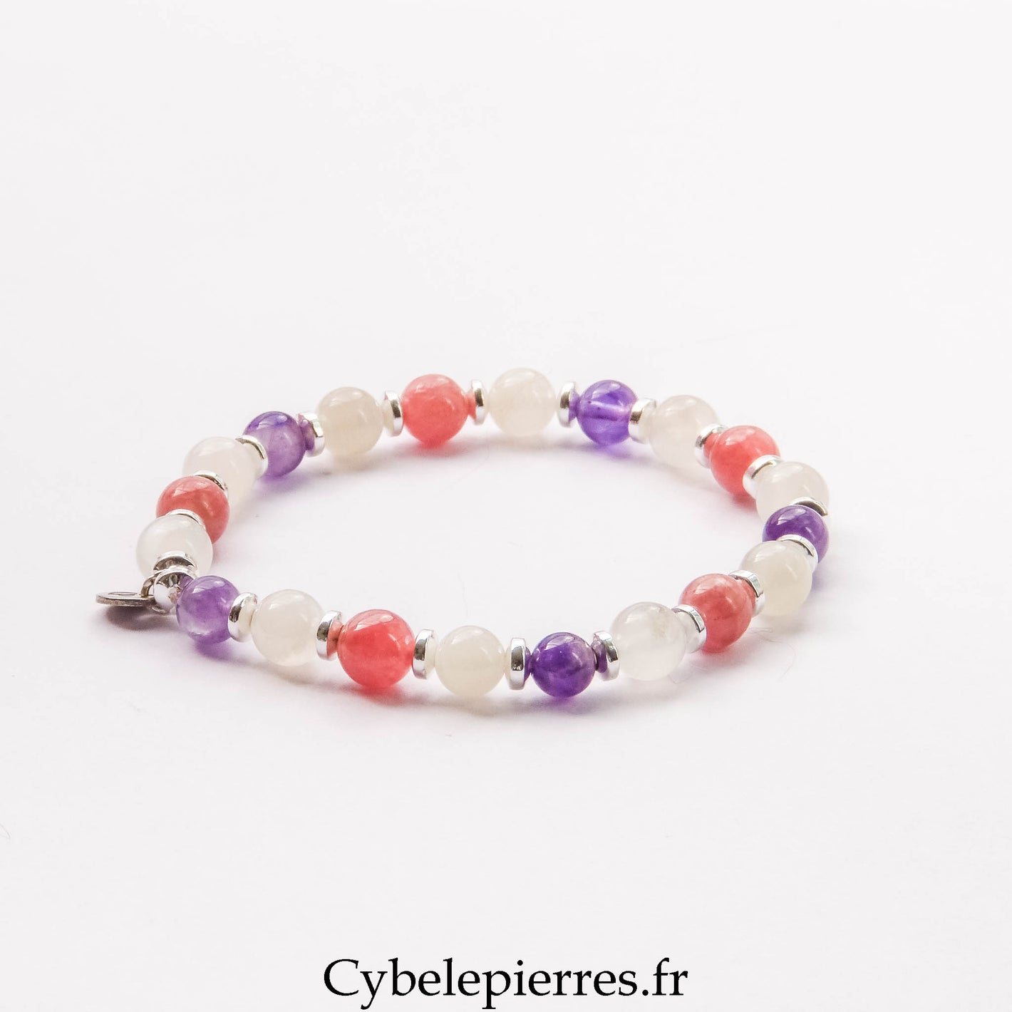 Bracelet Clair de Lune – Rhodochrosite, Améthyste et Pierre de Lune Blanche (6 mm) – 18 cm | Douceur, Intuition et Évolution