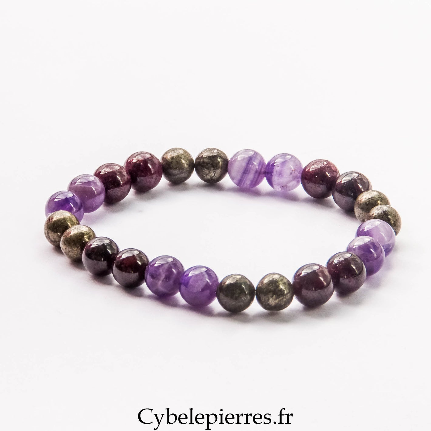 Bracelet Charme Améthyste, Pyrite et Grenat (8 mm) - 19 cm | Équilibre et Vitalité