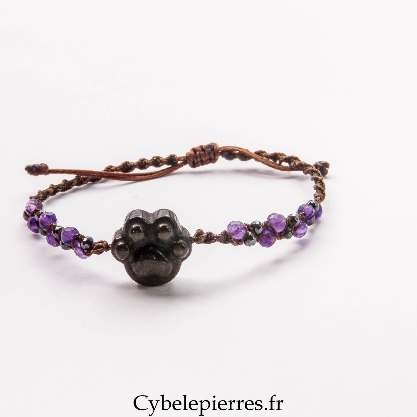Bracelet macramé réglable - Améthyste facettée (4mm) et breloque patoune en Obsidienne dorée (2cm) | Sérénité et Protection