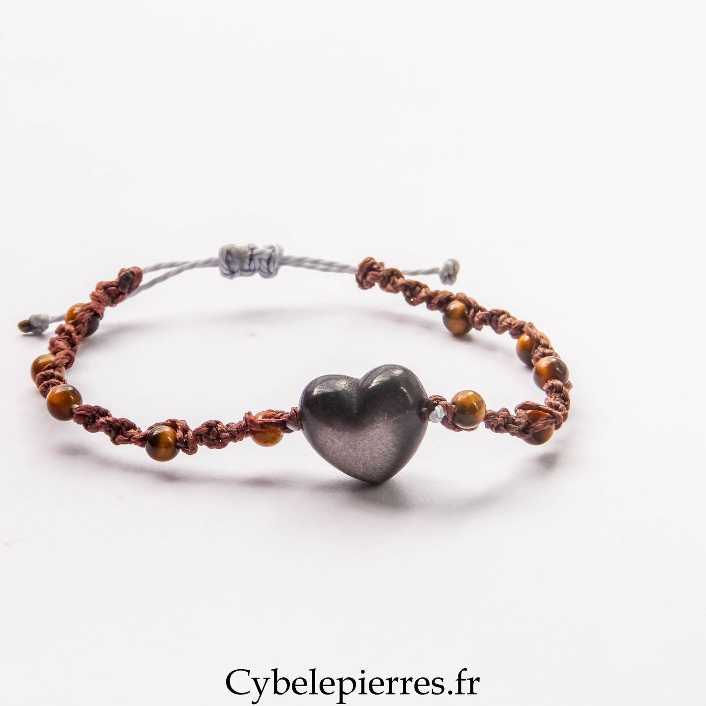 Bracelet macramé Œil de Tigre (4mm) et Cœur en Obsidienne Argentée (2cm) | Protection et Stabilité