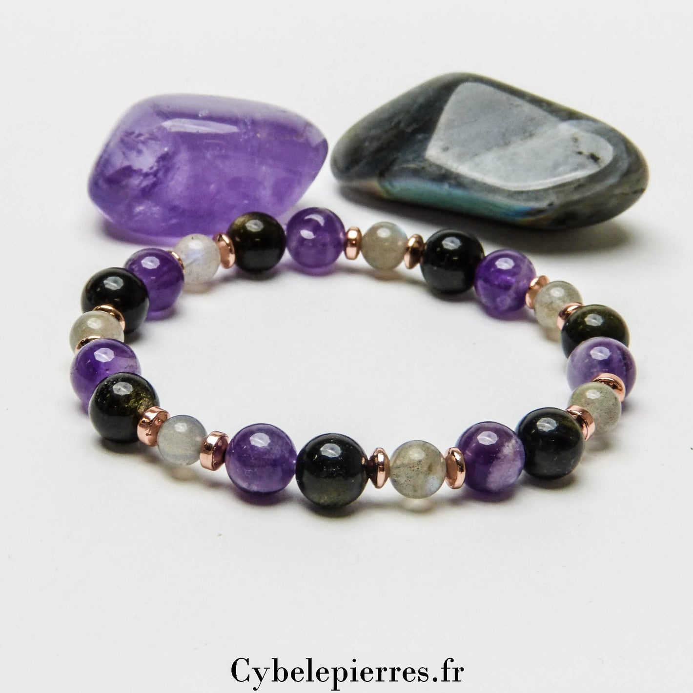 Bracelet Spiritualité – Obsidienne Dorée, Améthyste & Labradorite (8 mm, 6 mm) | Intuition et Équilibre