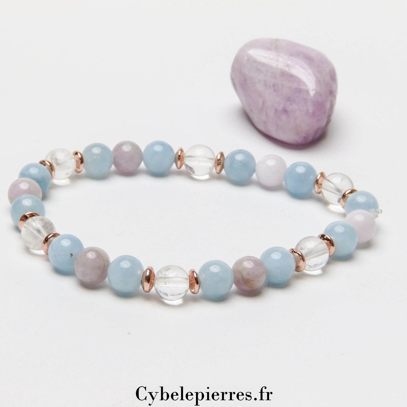 Bracelet Rosée du Matin - Cristal de Roche, Aigue-marine & Kunzite (6mm) - 18cm | Sérénité et Clarté
