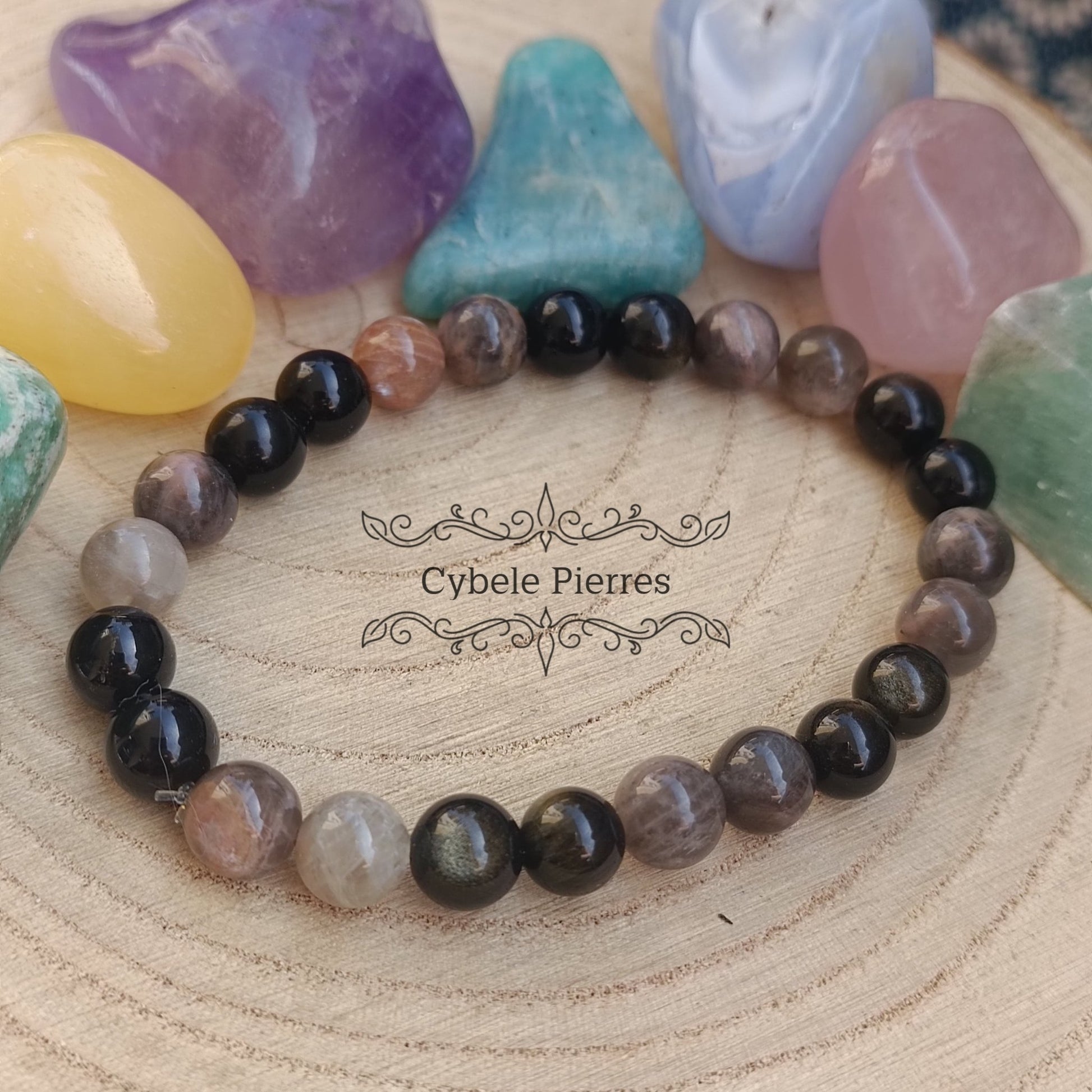 Bracelet Abaset - Obsidienne dorée et Pierre de Lune (8mm) - 19cm - Cybele Pierres