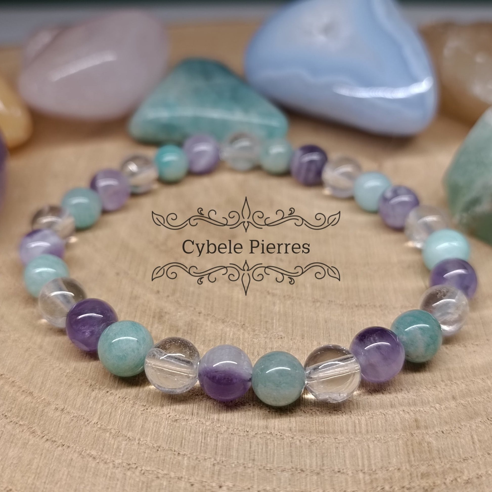 Bracelet Aérien - Amazonite, Améthyste et Cristal de roche (6mm) - 18cm - Cybele Pierres
