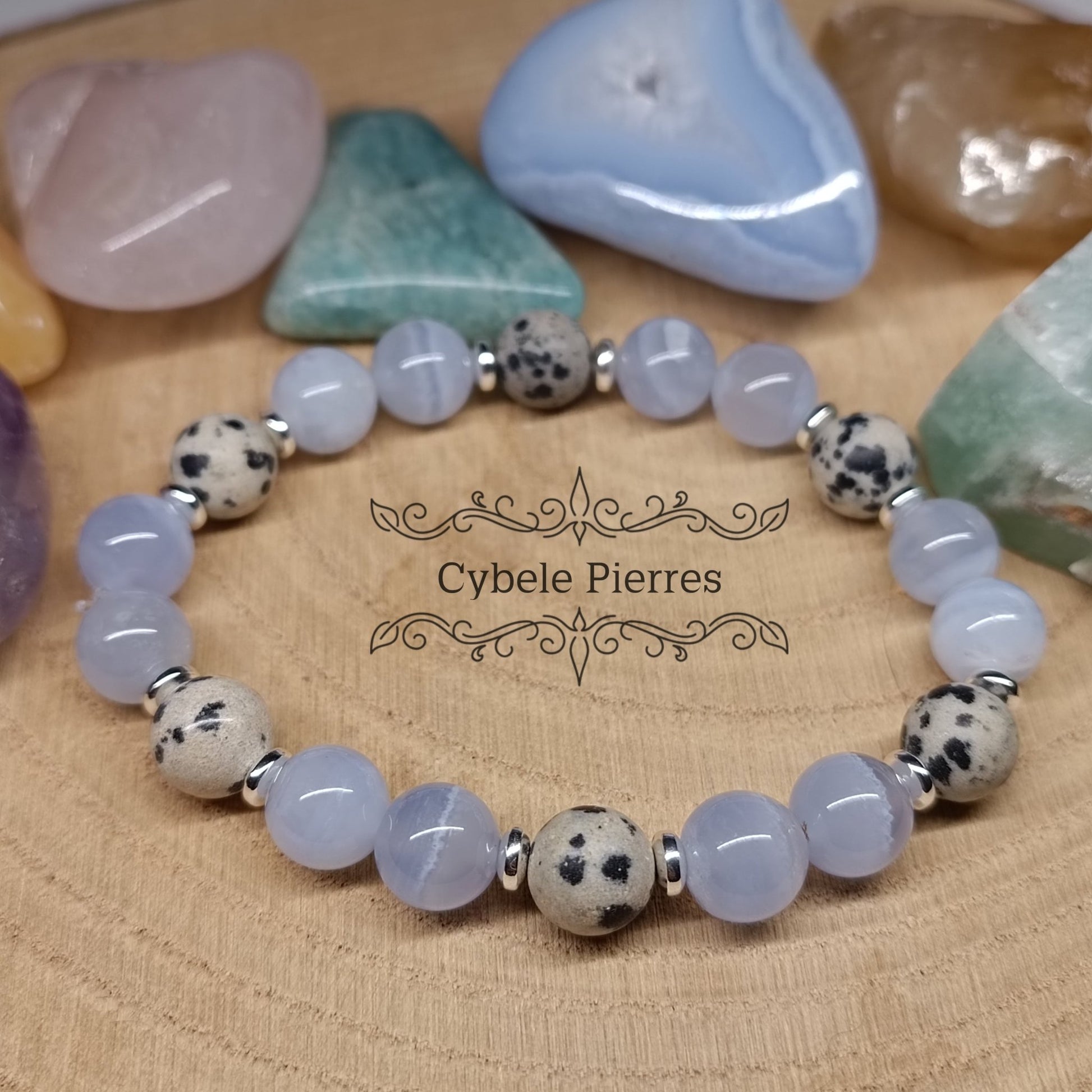 Bracelet Air - Jaspe Dalmatien et Calcédoine bleue (8mm) - 18cm - Cybele Pierres