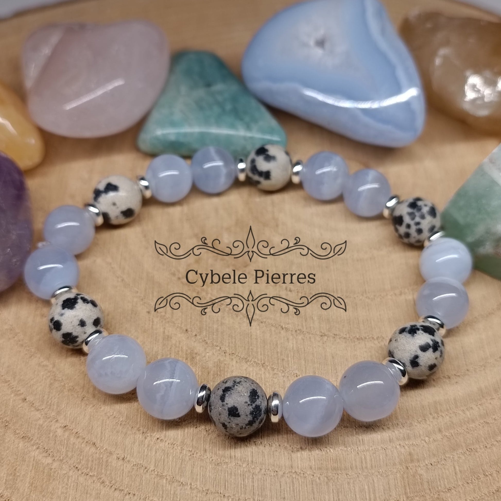 Bracelet Air - Jaspe Dalmatien et Calcédoine bleue (8mm) - 18cm - Cybele Pierres
