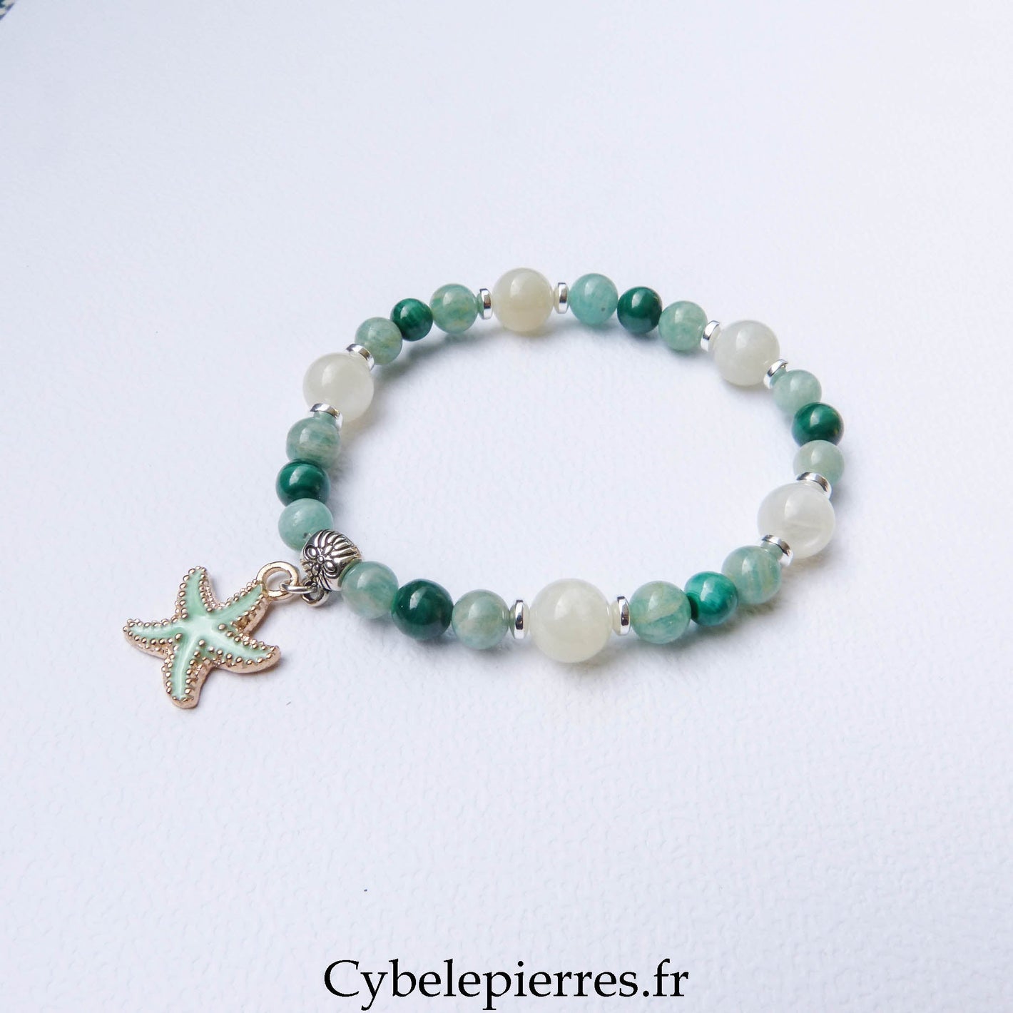 Bracelet Amazonite, Malachite et Pierre de Lune Blanche (6 mm) – 18 cm | Collection Summer - Cybele Pierres