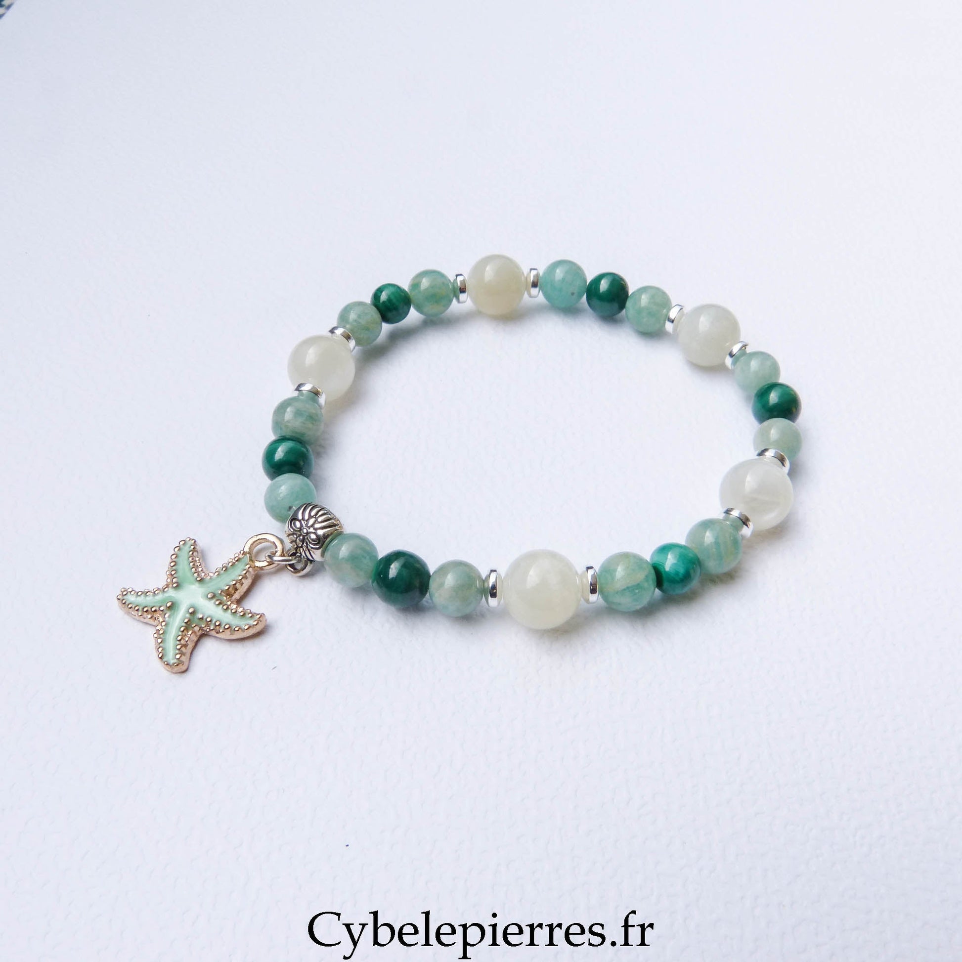 Bracelet Amazonite, Malachite et Pierre de Lune Blanche (6 mm) – 18 cm | Collection Summer - Cybele Pierres