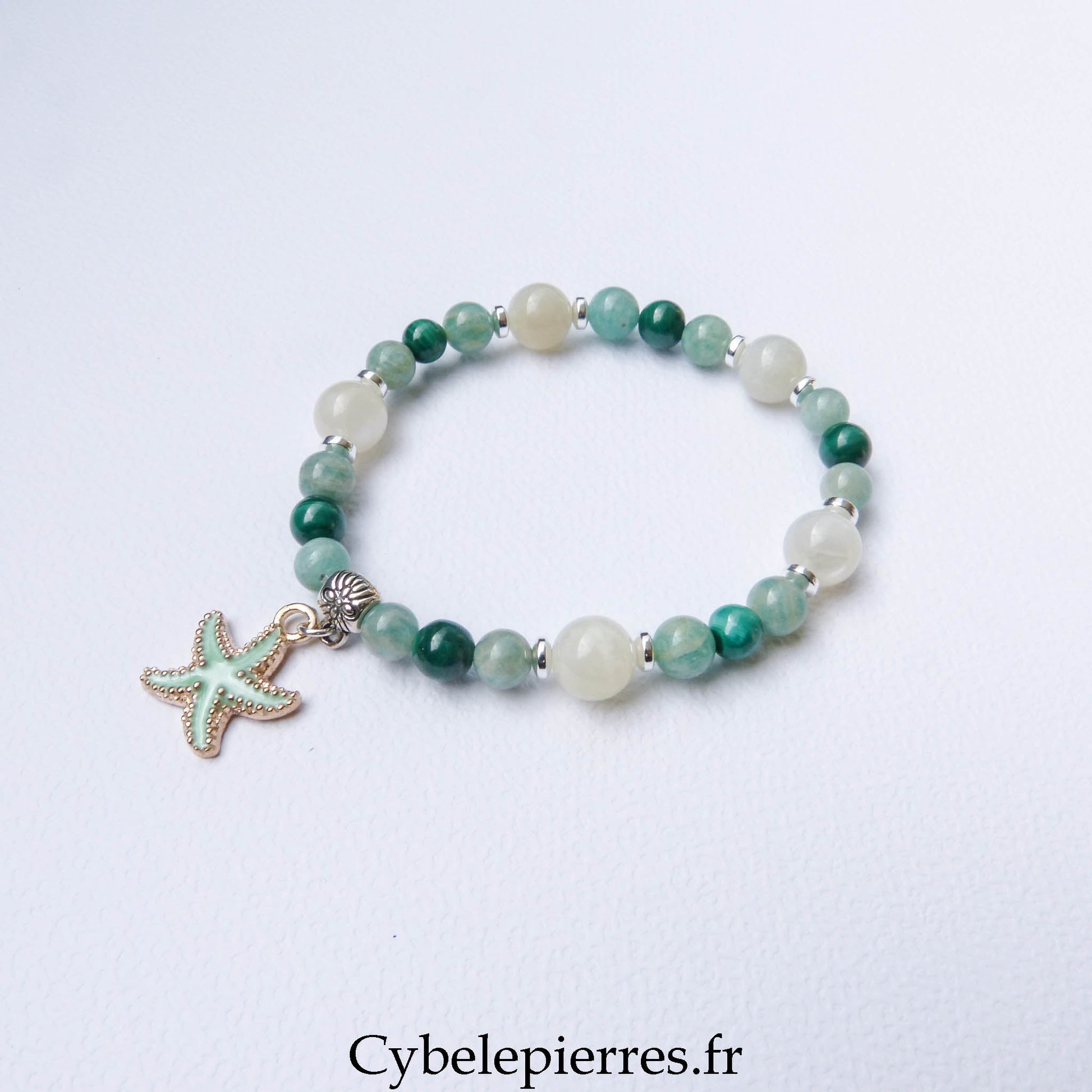 Bracelet Amazonite, Malachite et Pierre de Lune Blanche (6 mm) – 18 cm | Collection Summer - Cybele Pierres