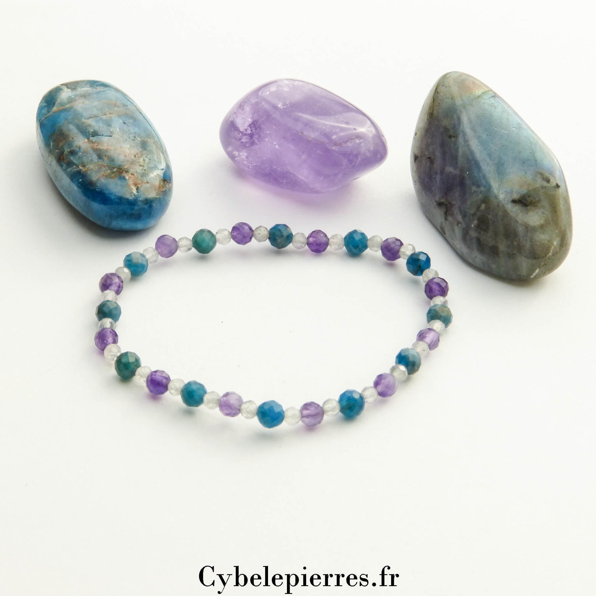 Bracelet Améthyste, Apatite (4mm) et Labradorite (3mm) – 17cm | Intuition et Harmonie - Cybele Pierres