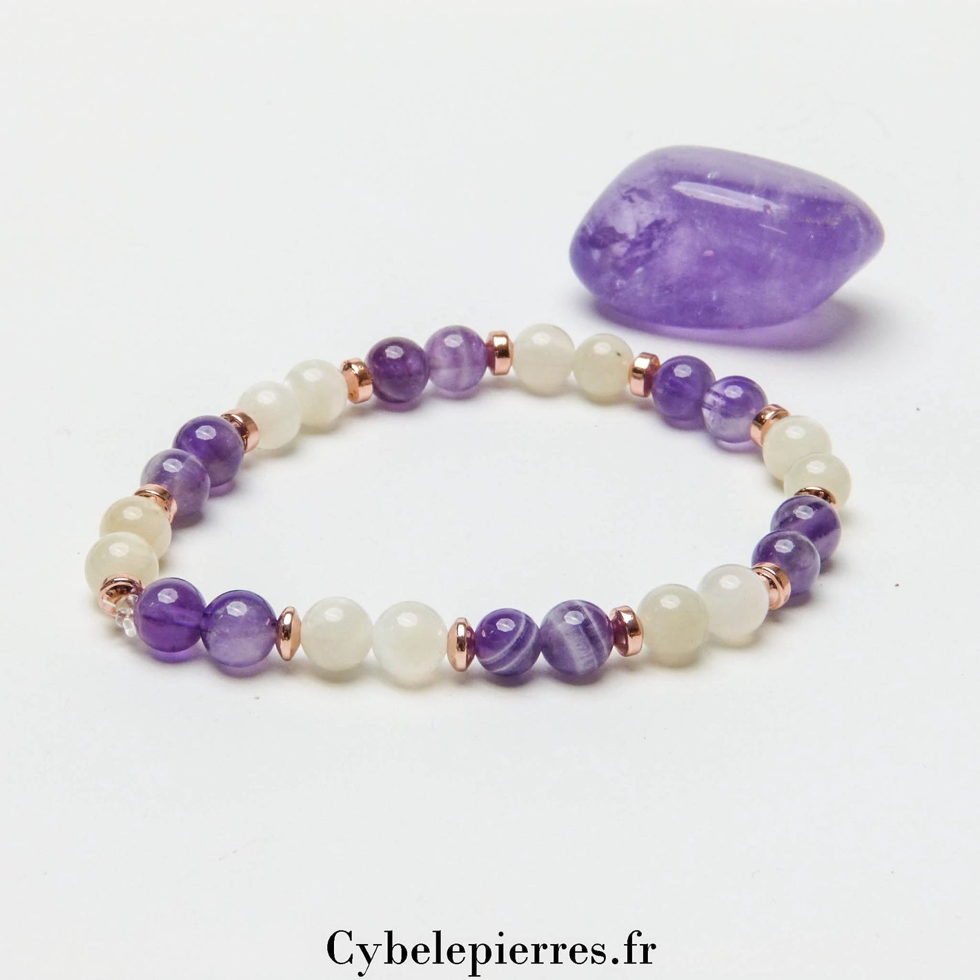 Bracelet Améthyste et Pierre de Lune (6mm) - 18cm | Intuition et Sérénité - Cybele Pierres