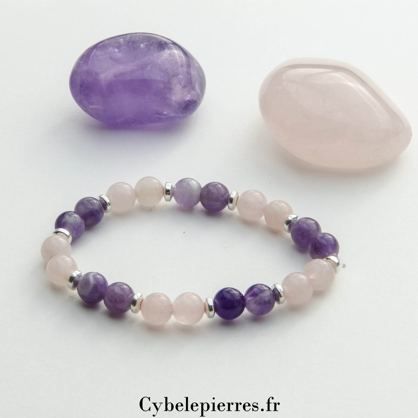Bracelet Améthyste et Quartz Rose (6mm) - 15cm | Sérénité et Douceur - Cybele Pierres