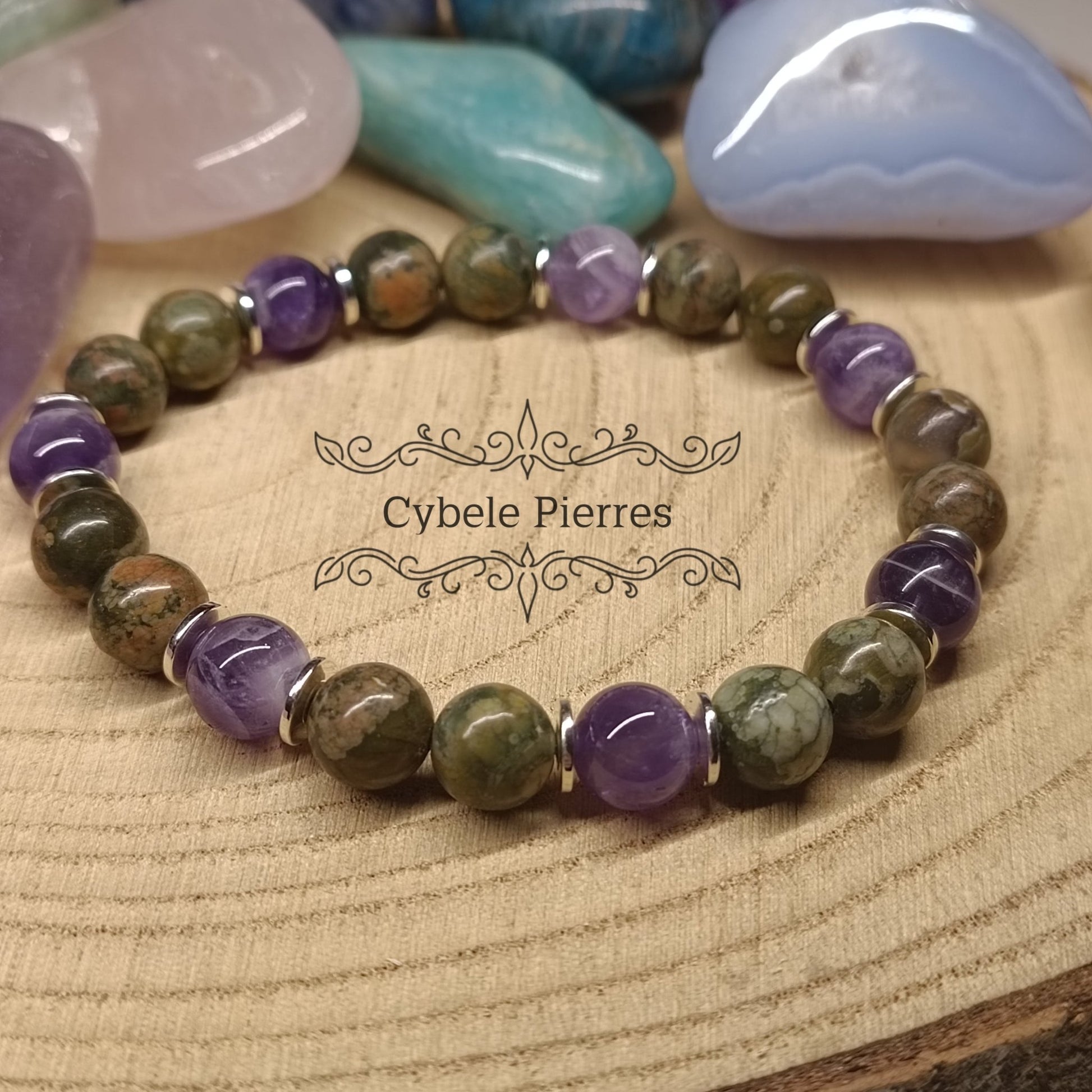 Bracelet Améthyste et Ryolite (6 et 8mm) - 19cm - Cybele Pierres