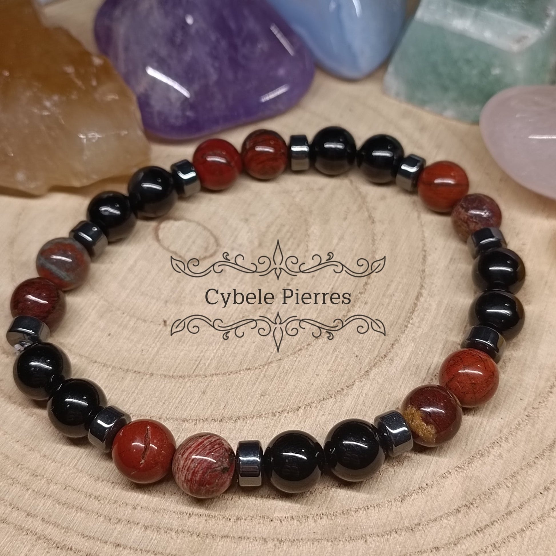 Bracelet Ancrage - Jaspe rouge et Tourmaline (8mm) - 20cm - Cybele Pierres