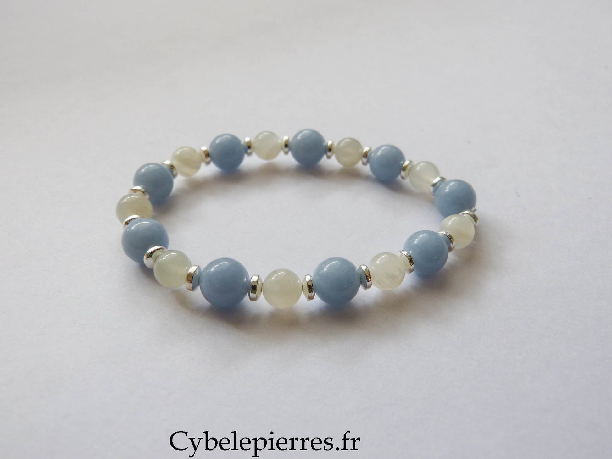 Bracelet Angélite & Pierre de Lune Blanche (8 & 6 mm) – 17 cm | Douceur & Intuition - Cybele Pierres