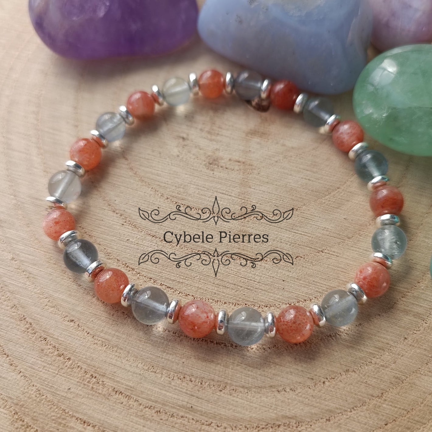 Bracelet Aquarelle - Fluorine bleue et Pierre de Soleil (6mm) - 18cm - Cybele Pierres