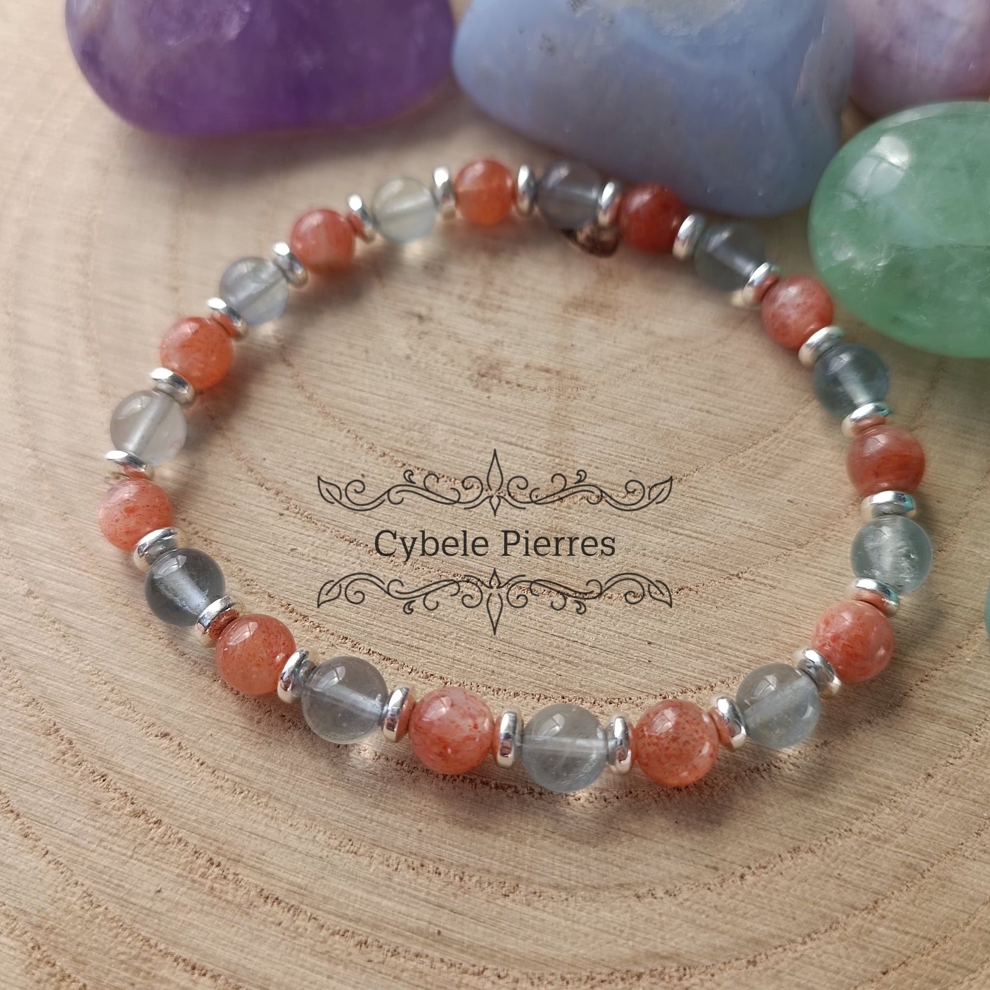 Bracelet Aquarelle - Fluorine bleue et Pierre de Soleil (6mm) - 18cm - Cybele Pierres