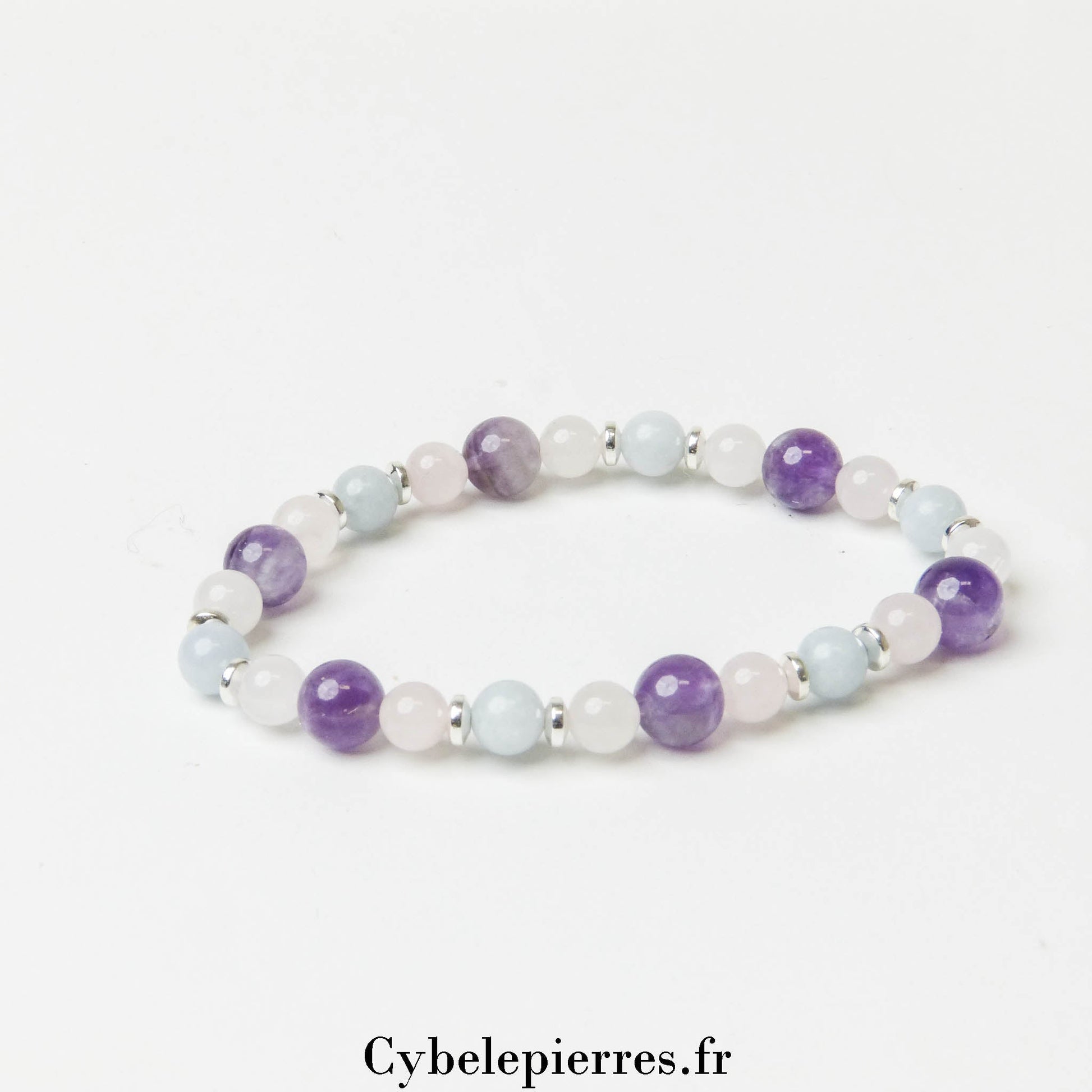Bracelet Astrée - Quartz rose, Aigue - marine et Améthyste (8mm et 6mm) – 18 cm | Sérénité et Intuition - Cybele Pierres