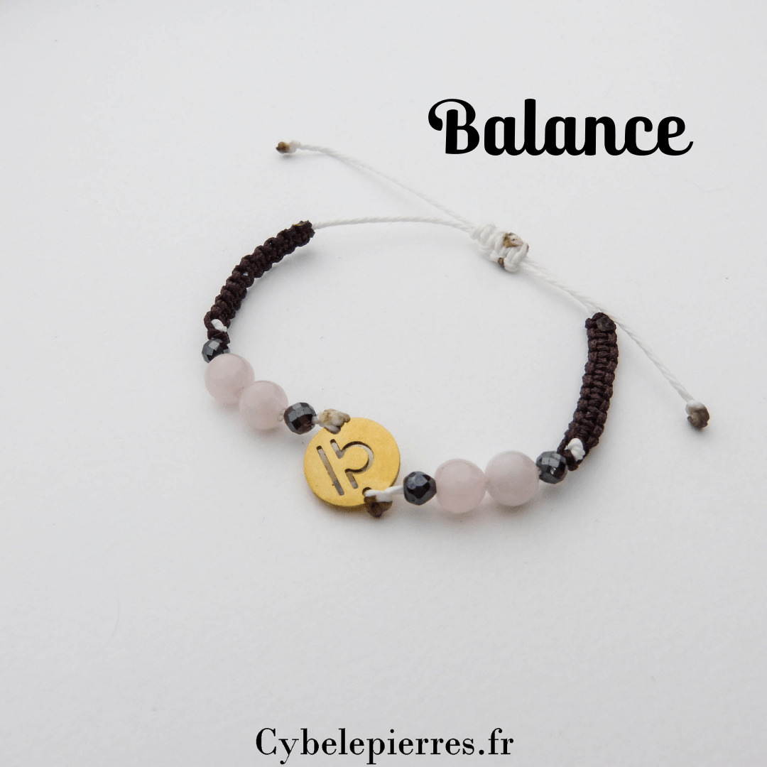 Bracelet Astrologie Balance Quartz Rose – Réglable, Breloque dorée - Cybele Pierres