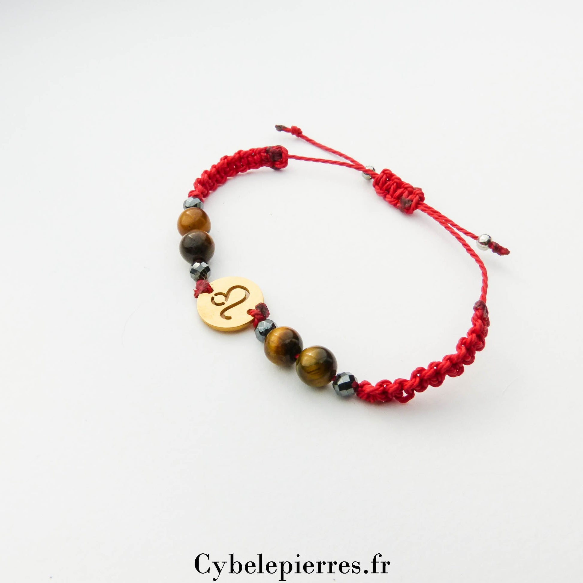 Bracelet Astrologie Lion Œil de Tigre – Réglable, Breloque Dorée - Cybele Pierres