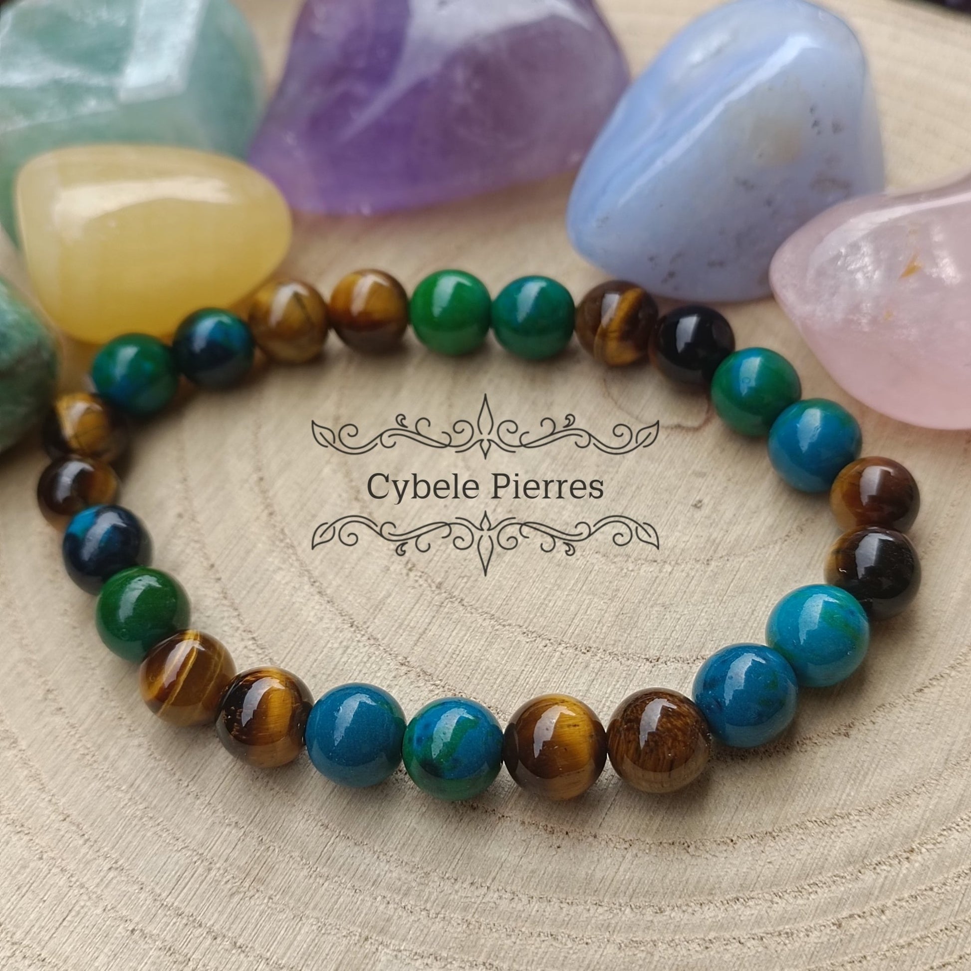 Bracelet Audacieux - Chrysocolle et Oeil de tigre (8mm) - 19cm - Cybele Pierres