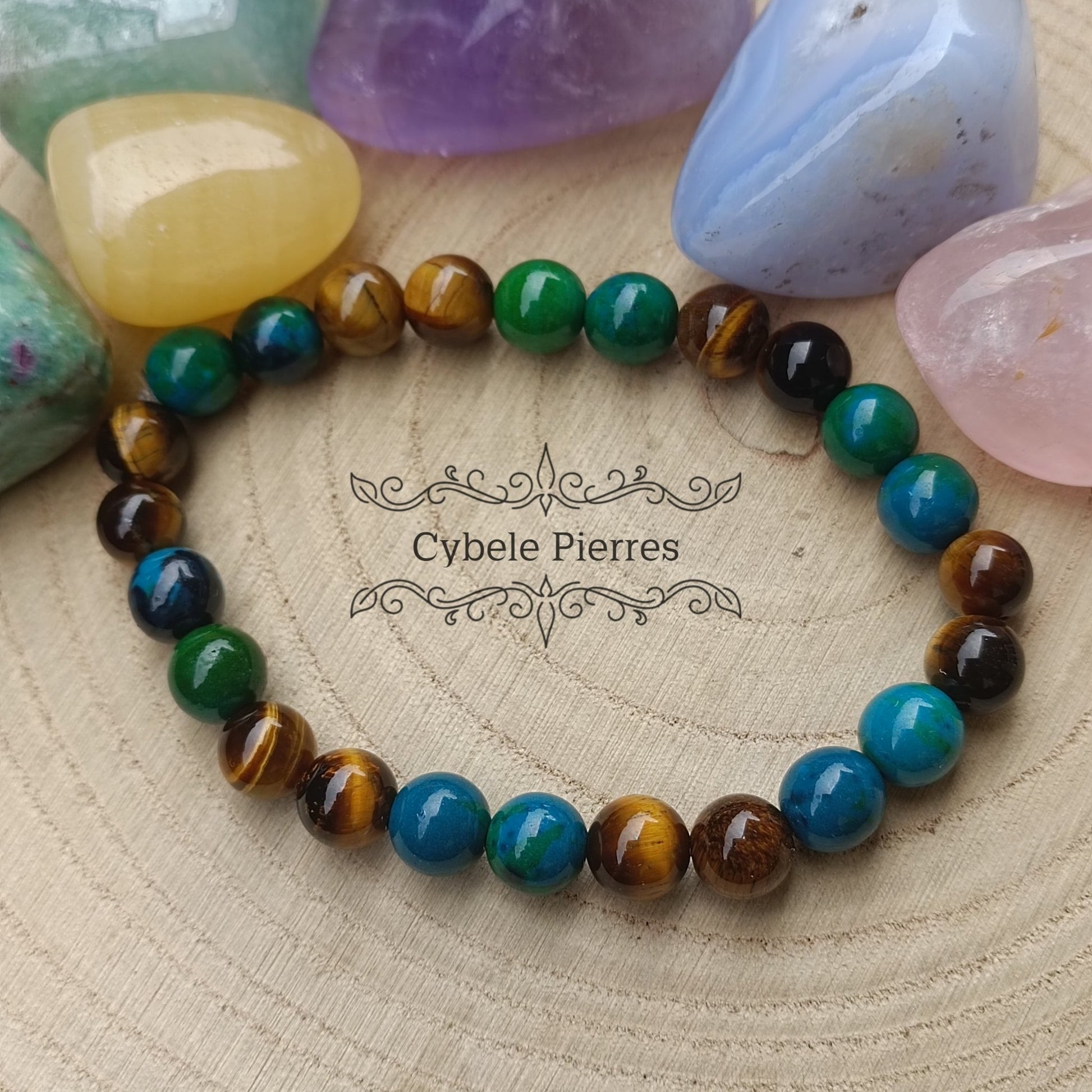 Bracelet Audacieux - Chrysocolle et Oeil de tigre (8mm) - 19cm - Cybele Pierres