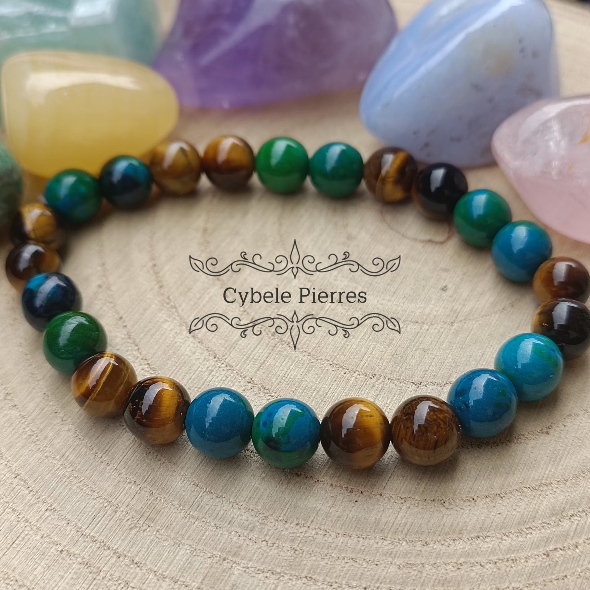 Bracelet Audacieux - Chrysocolle et Oeil de tigre (8mm) - 19cm - Cybele Pierres