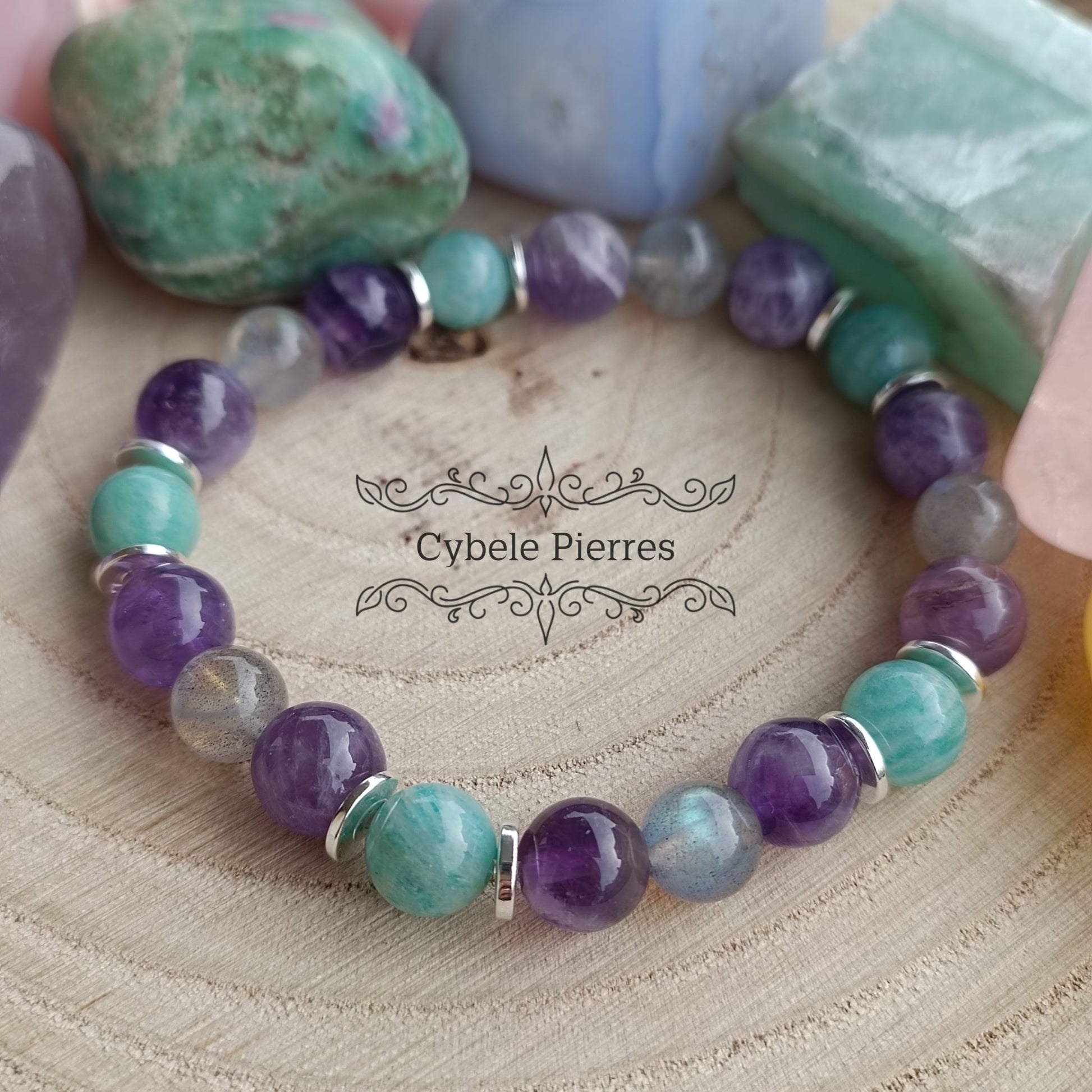 Bracelet Authenticité - Amazonite , Améthyste et Labradorite (8mm) - 17cm - Cybele Pierres