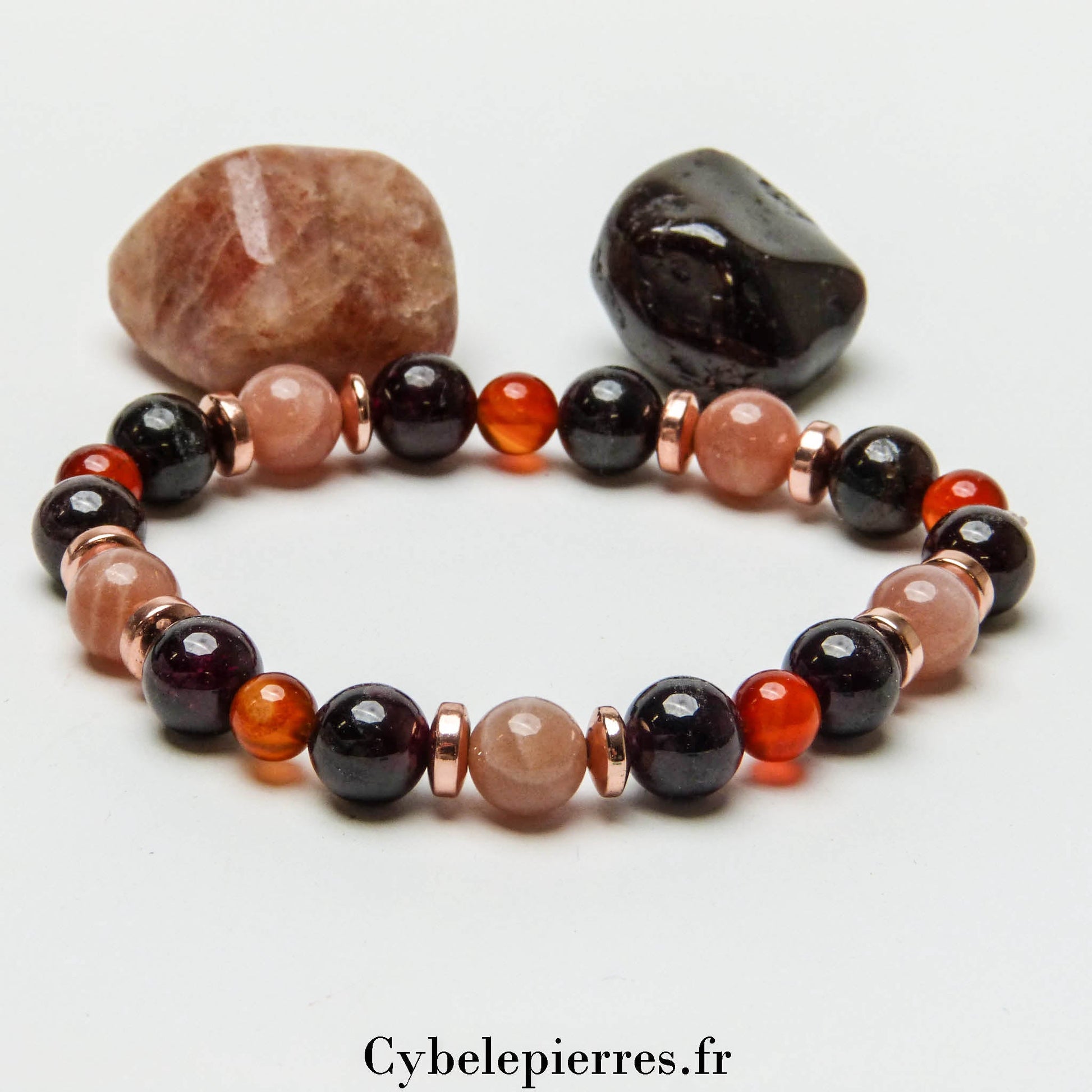 Bracelet Aventure - Grenat, Pierre de Soleil et Cornaline (6 et 8mm) - 18cm - Cybele Pierres