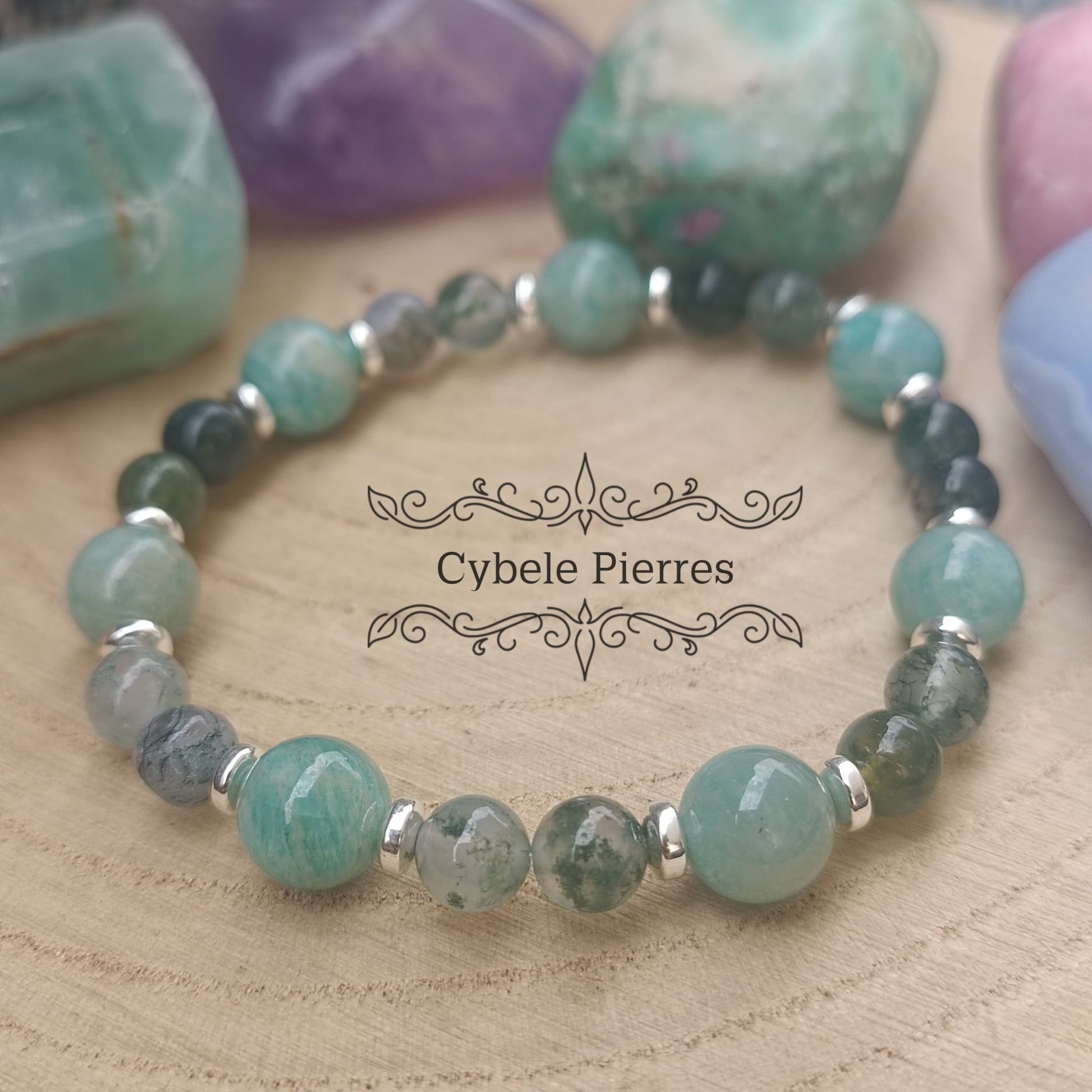 Bracelet Aventure intérieure - Amazonite et Agate mousse (6 et 8mm) - 17cm - Cybele Pierres