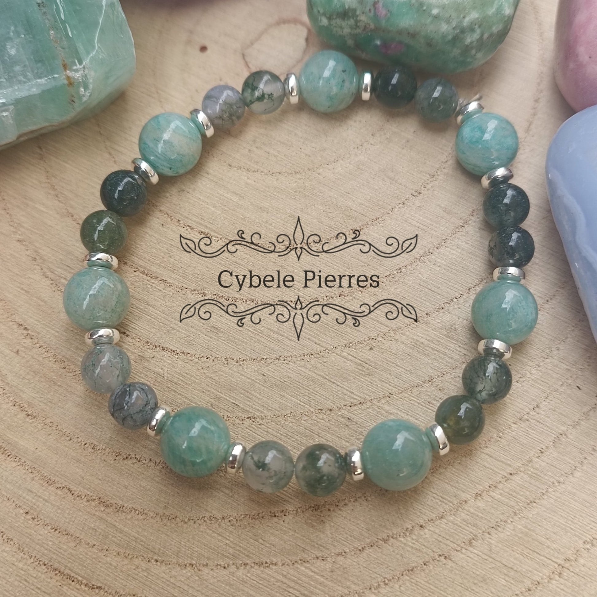Bracelet Aventure intérieure - Amazonite et Agate mousse (6 et 8mm) - 17cm - Cybele Pierres