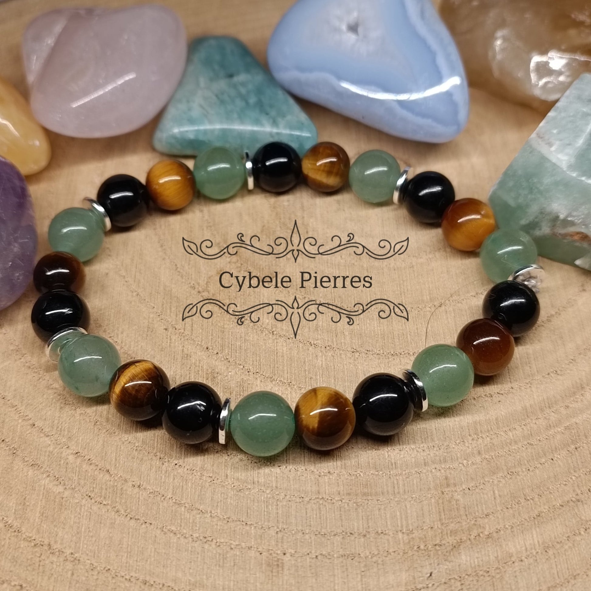 Bracelet Aventurine verte, Oeil de tigre et Tourmaline - 8mm - 19cm - Cybele Pierres