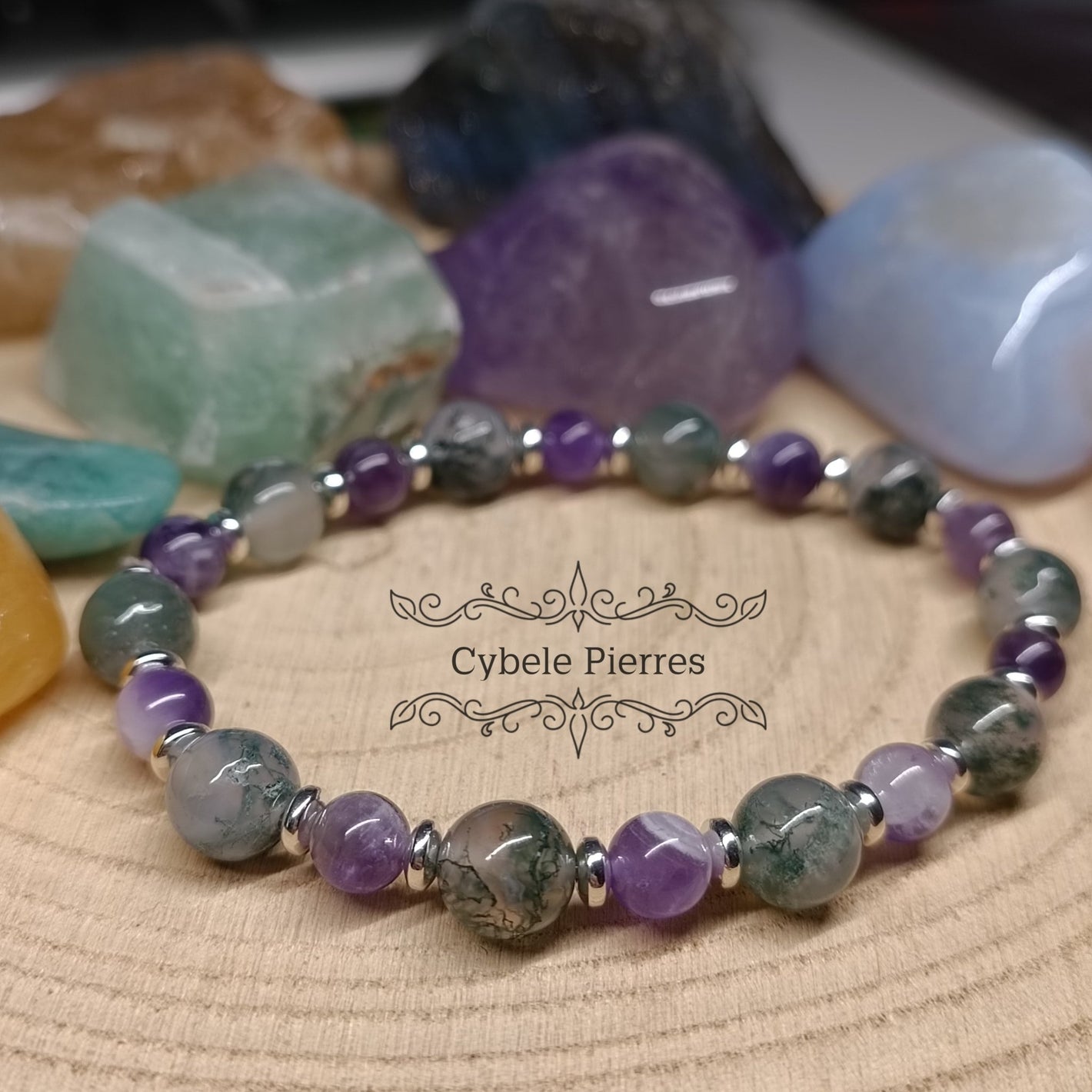 Bracelet Beauté de la forêt - Agate mousse et Améthyste (6 et 8mm) - 18cm - Cybele Pierres