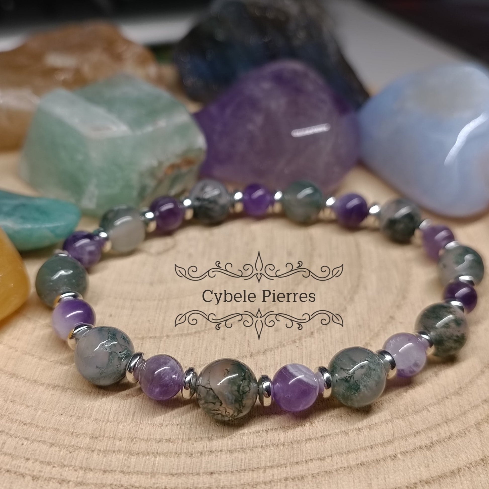 Bracelet Beauté de la forêt - Agate mousse et Améthyste (6 et 8mm) - 18cm - Cybele Pierres
