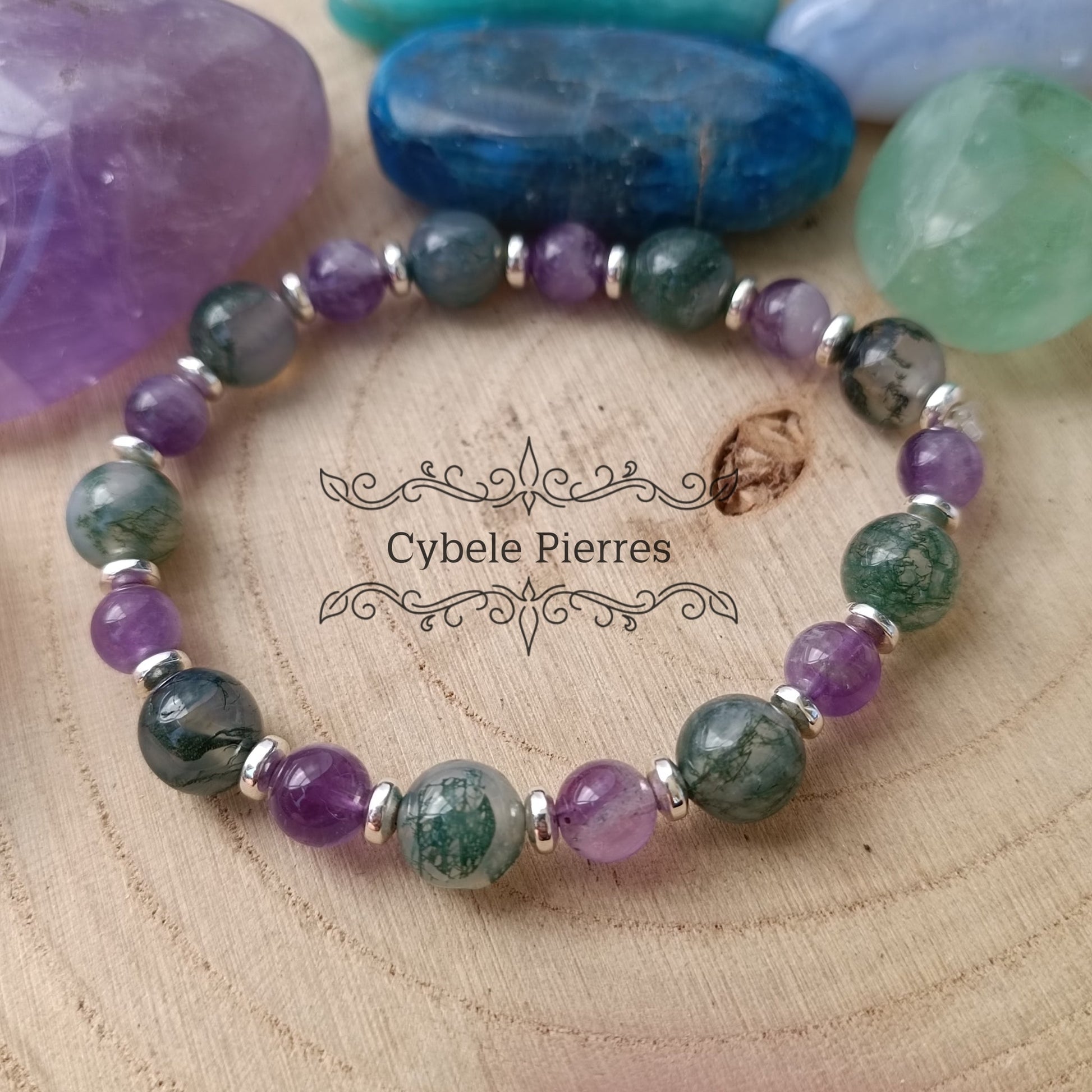 Bracelet Beauté de la forêt - Agate mousse et Améthyste (6 et 8mm) - 18cm - Cybele Pierres