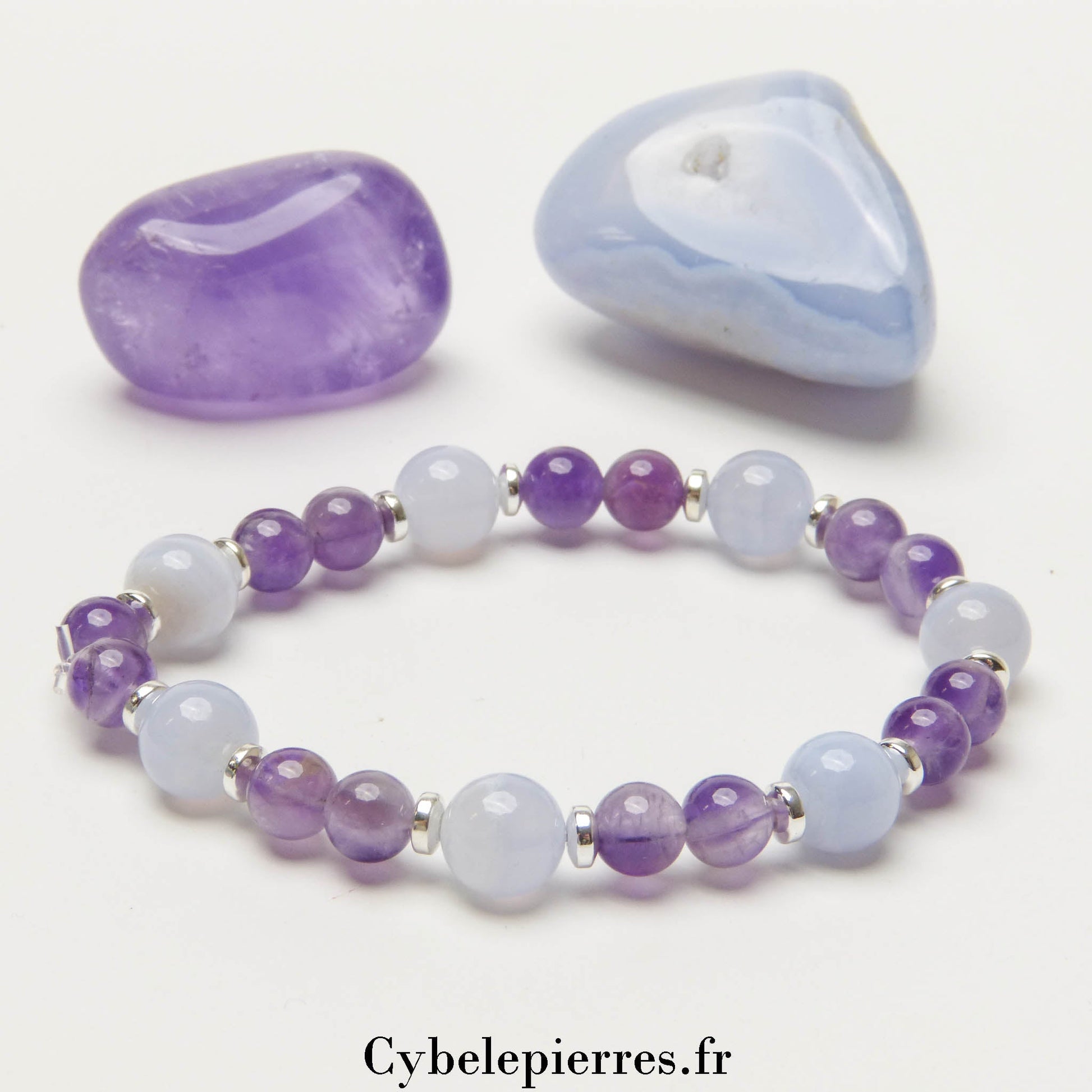 Bracelet Bien - être - Améthyste et Calcédoine Bleue (6 et 8mm) - 18cm | Harmonie et Sérénité - Cybele Pierres