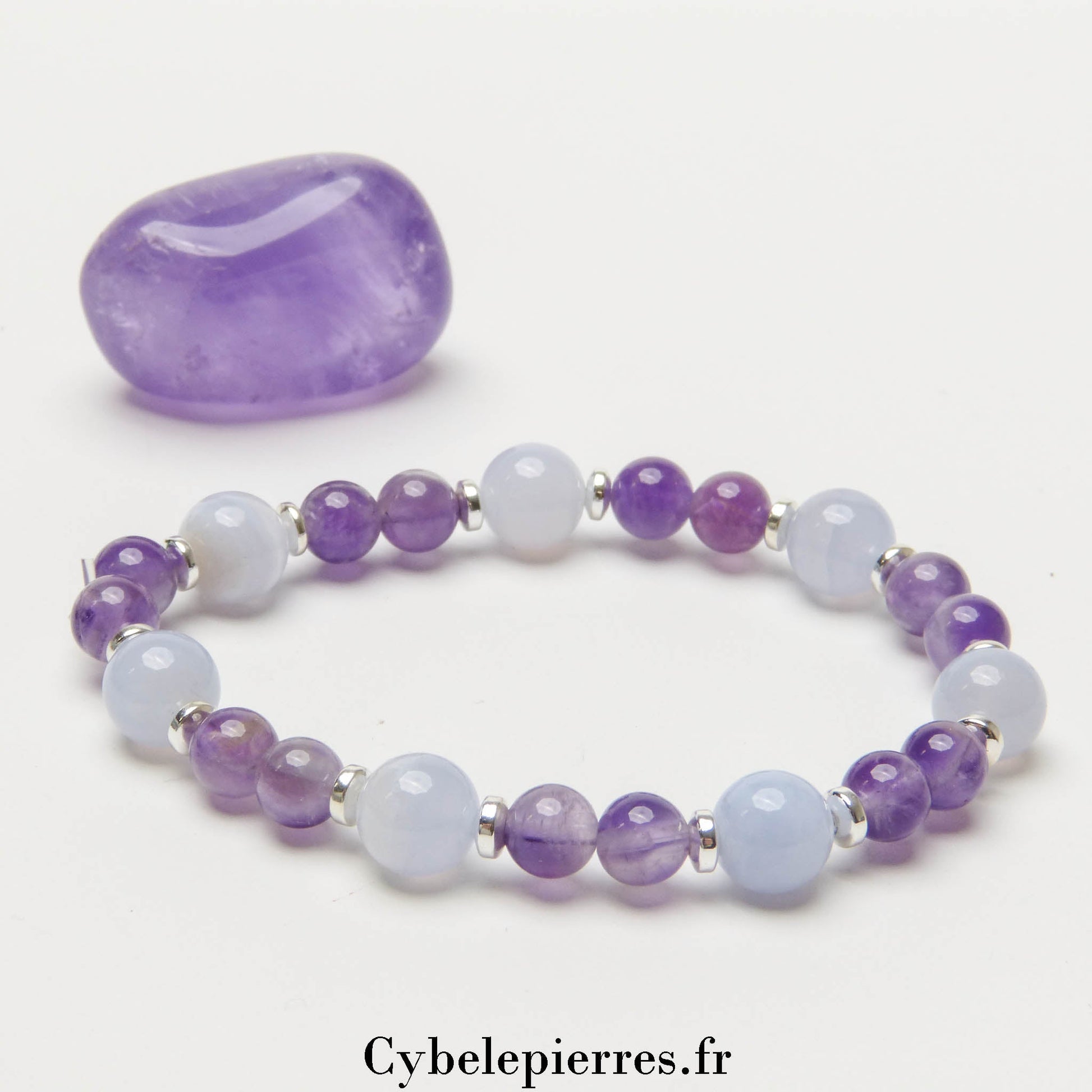 Bracelet Bien - être - Améthyste et Calcédoine Bleue (6 et 8mm) - 18cm | Harmonie et Sérénité - Cybele Pierres