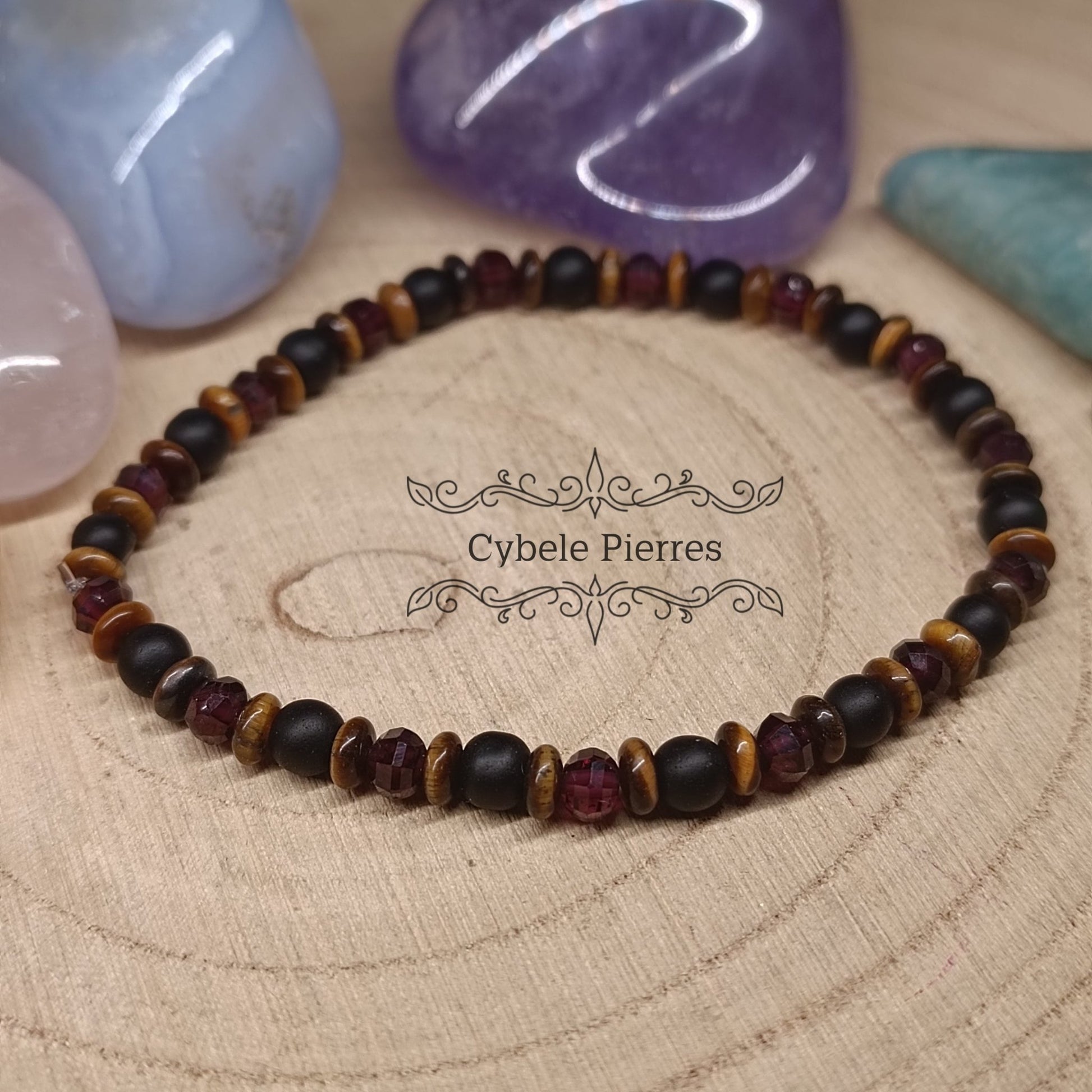 Bracelet Bien - Être Fusion - Oeil de tigre, Grenat facetté et Onyx (3 et 4mm) - 18cm - Cybele Pierres