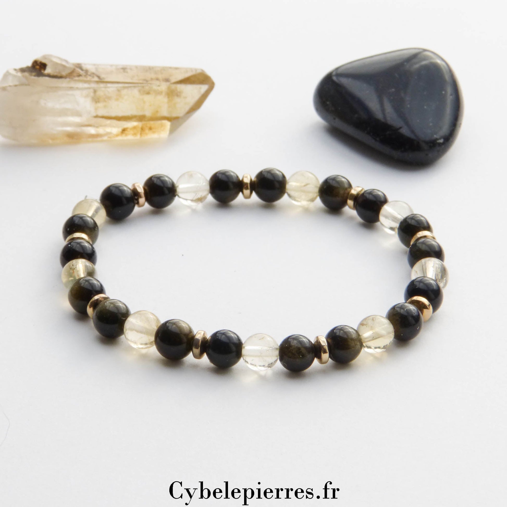 Bracelet Bienheureux - Obsidienne dorée et Citrine (6mm) - 18cm | Abondance et Stabilité - Cybele Pierres