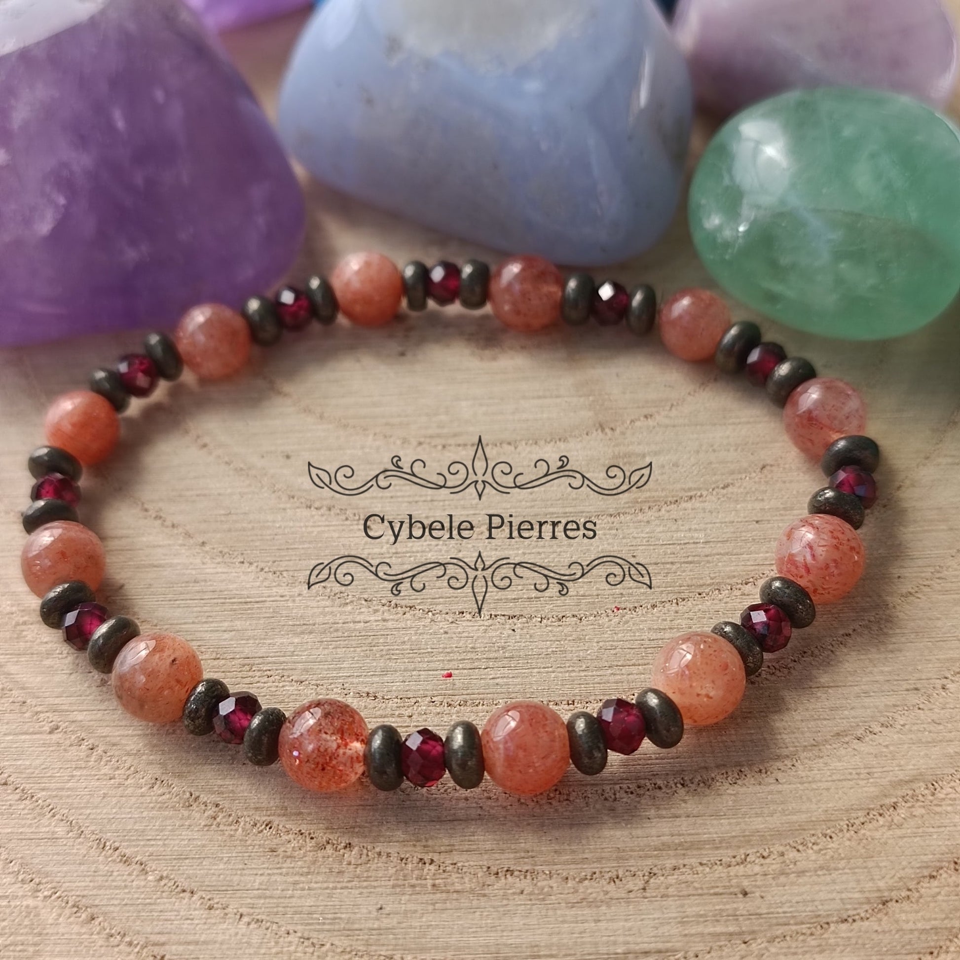Bracelet Borée - Pierre de Soleil, Pyrite et Grenat (4mm) - 18cm - Cybele Pierres