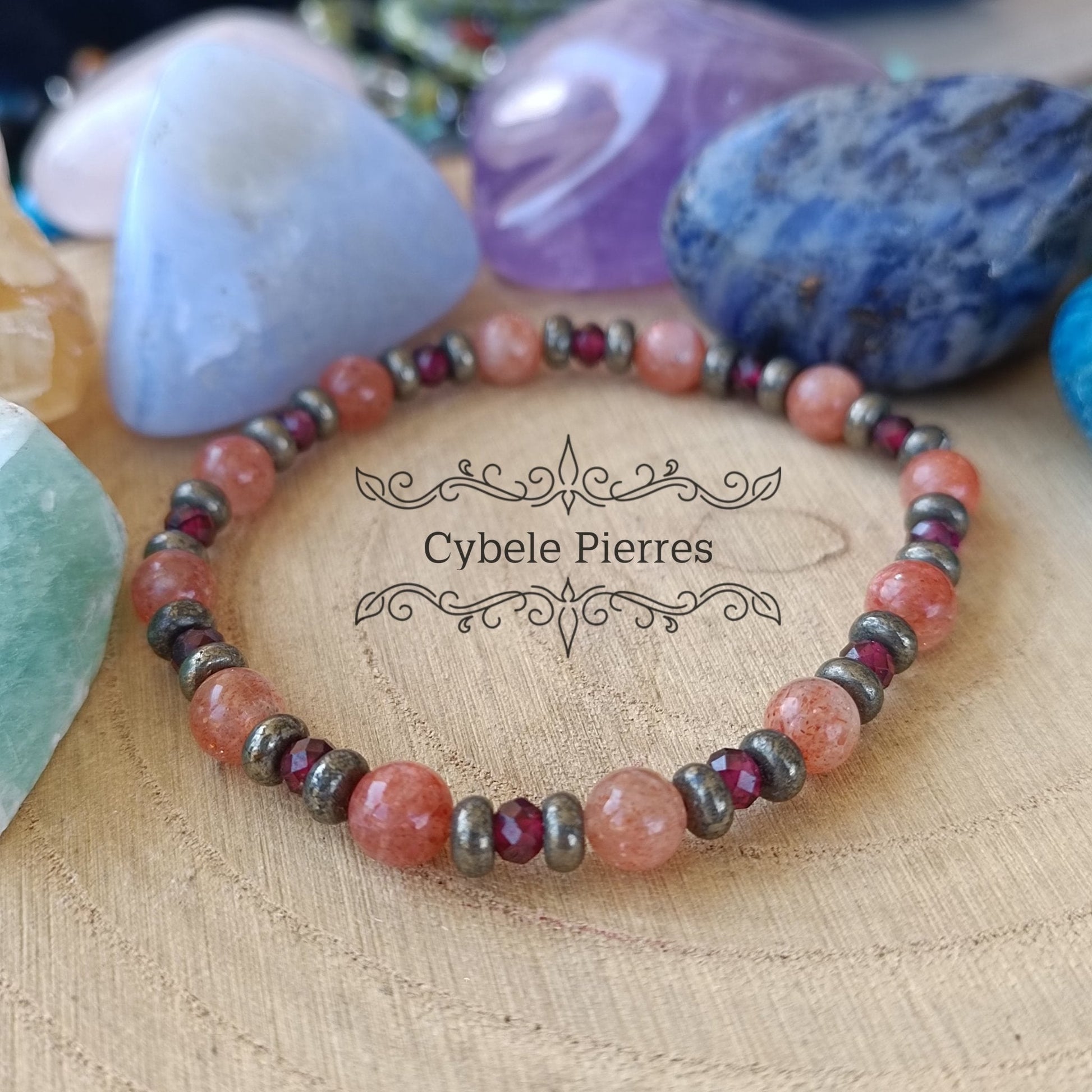 Bracelet Borée - Pierre de Soleil, Pyrite et Grenat (4mm) - 18cm - Cybele Pierres