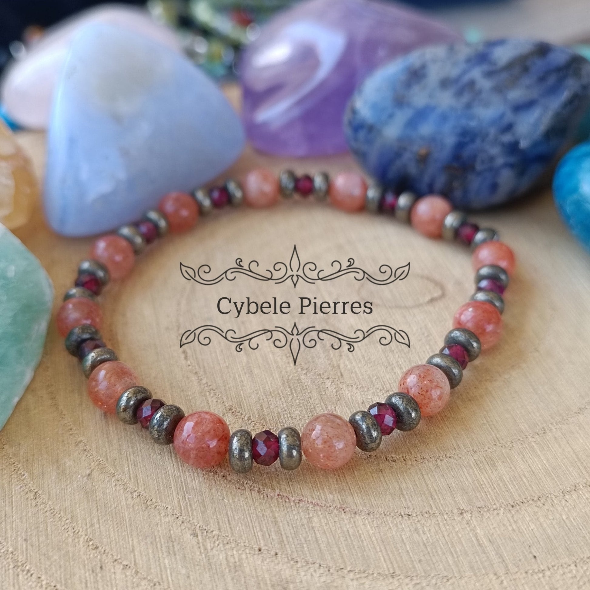 Bracelet Borée - Pierre de Soleil, Pyrite et Grenat (4mm) - 18cm - Cybele Pierres