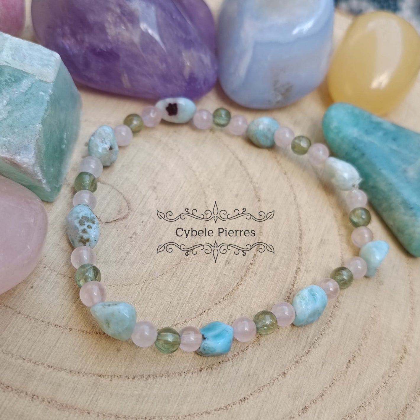 Bracelet Bouffée d'air frais - Larimar irrégulière , Quartz rose et Apatite verte (4mm) - 17cm - Cybele Pierres