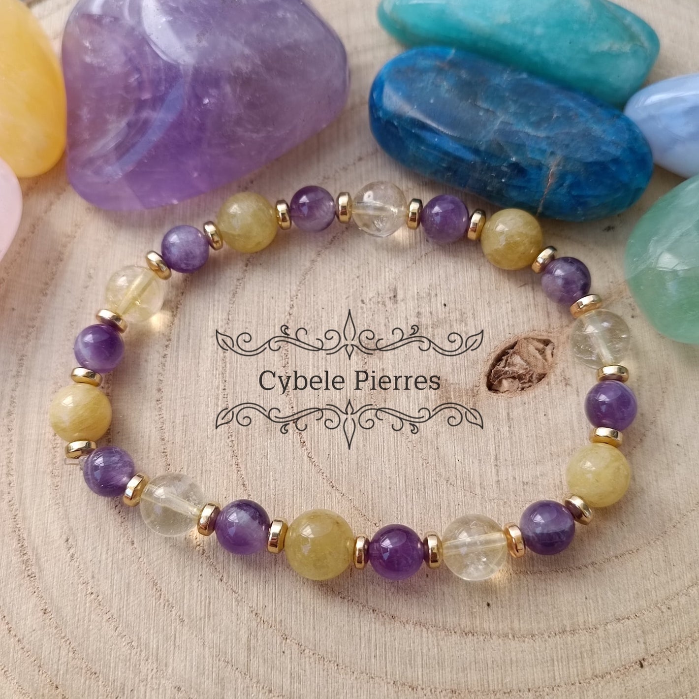 Bracelet Bulle de Joie - Citrine, Améthyste et Héliodore (6mm et 8mm) - 18cm - Cybele Pierres