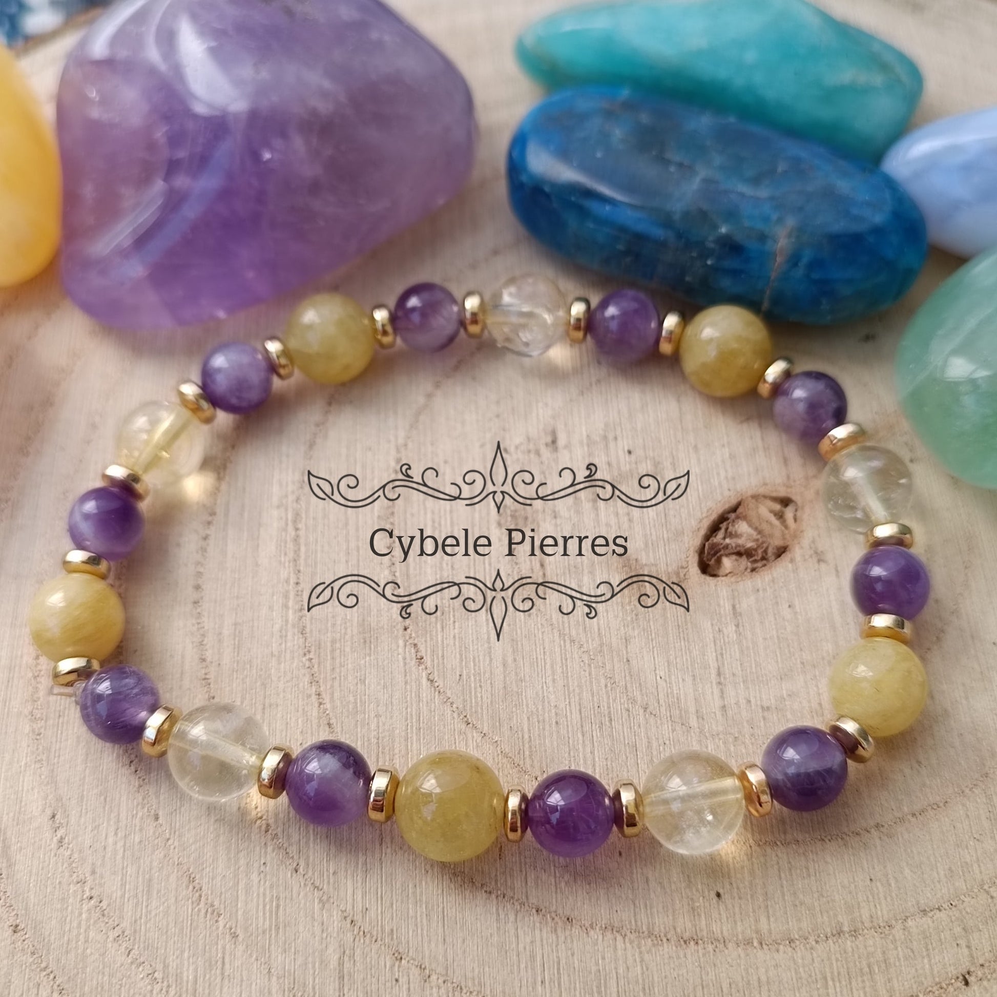 Bracelet Bulle de Joie - Citrine, Améthyste et Héliodore (6mm et 8mm) - 18cm - Cybele Pierres