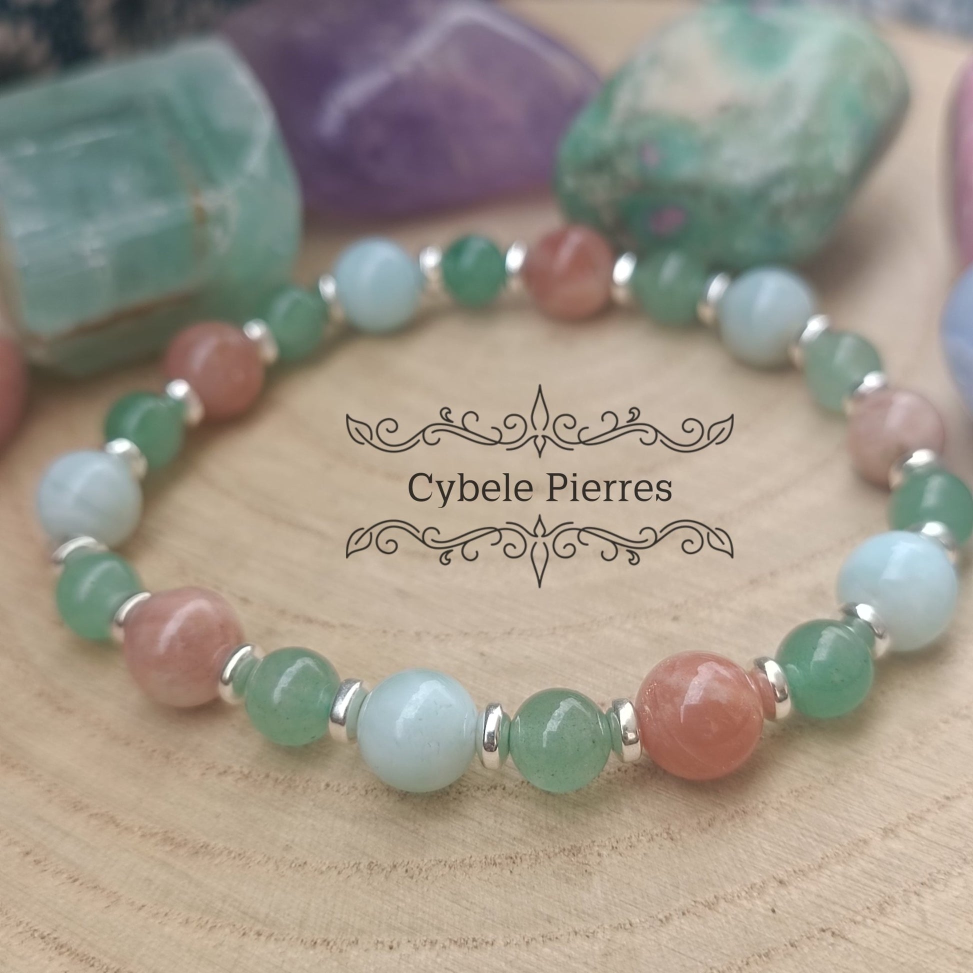 Bracelet Calme serein - Aventurine verte, Larimar et Pierre de Soleil (6 et 8mm ) - 19cm - Cybele Pierres